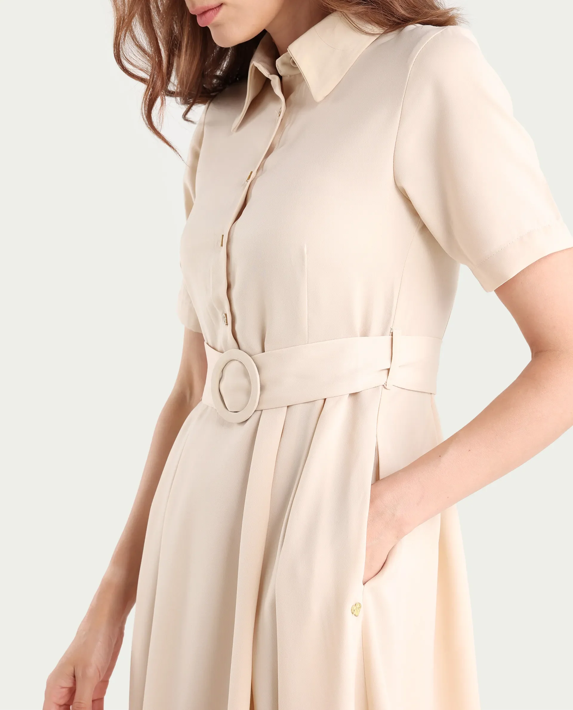 Rareism Women's Enbarry Off White Satin Drop Collar Plain Boxy Sleeve Midi Fit And Flare Dress - Image 5