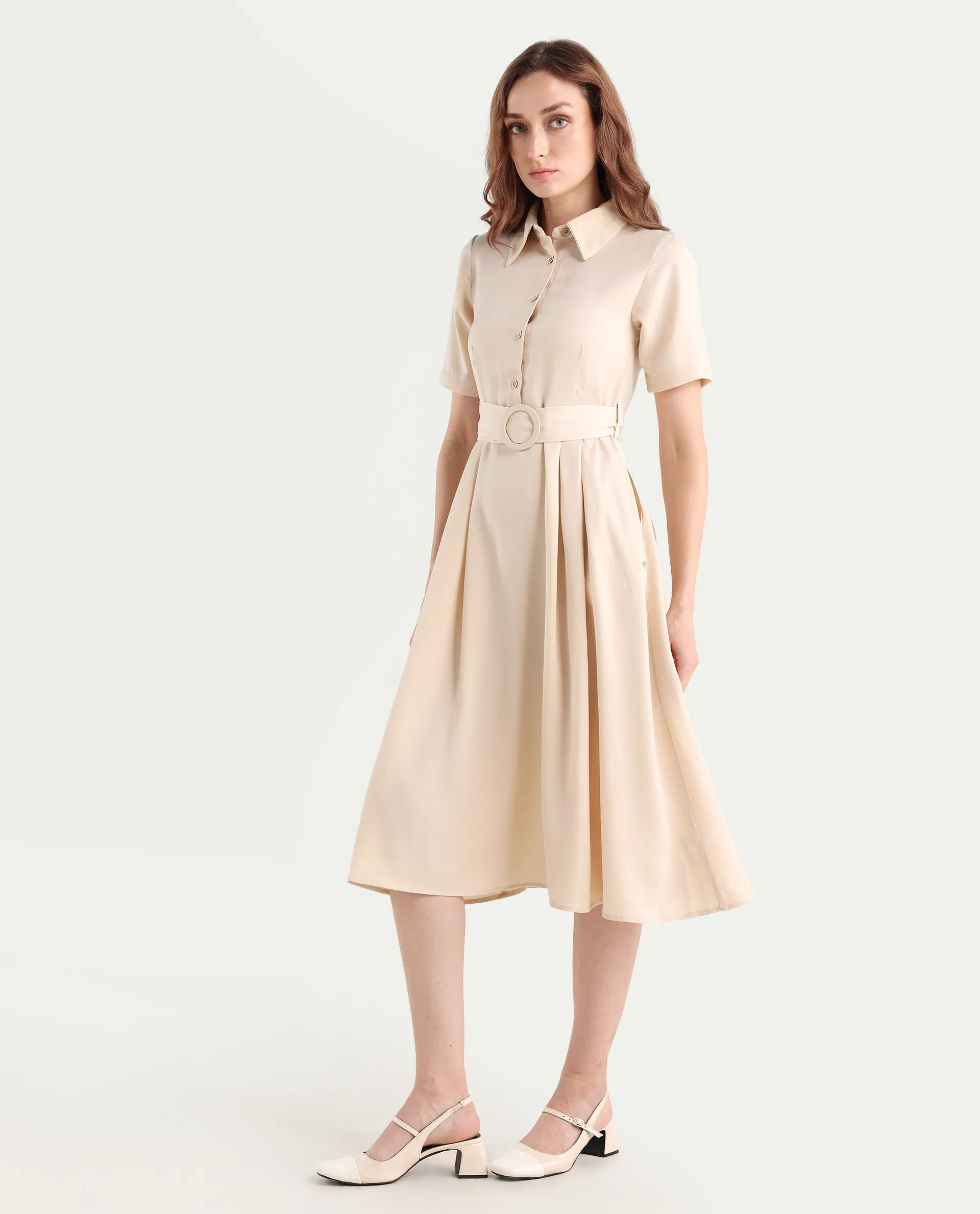 Rareism Women's Enbarry Off White Satin Drop Collar Plain Boxy Sleeve Midi Fit And Flare Dress - Image 6