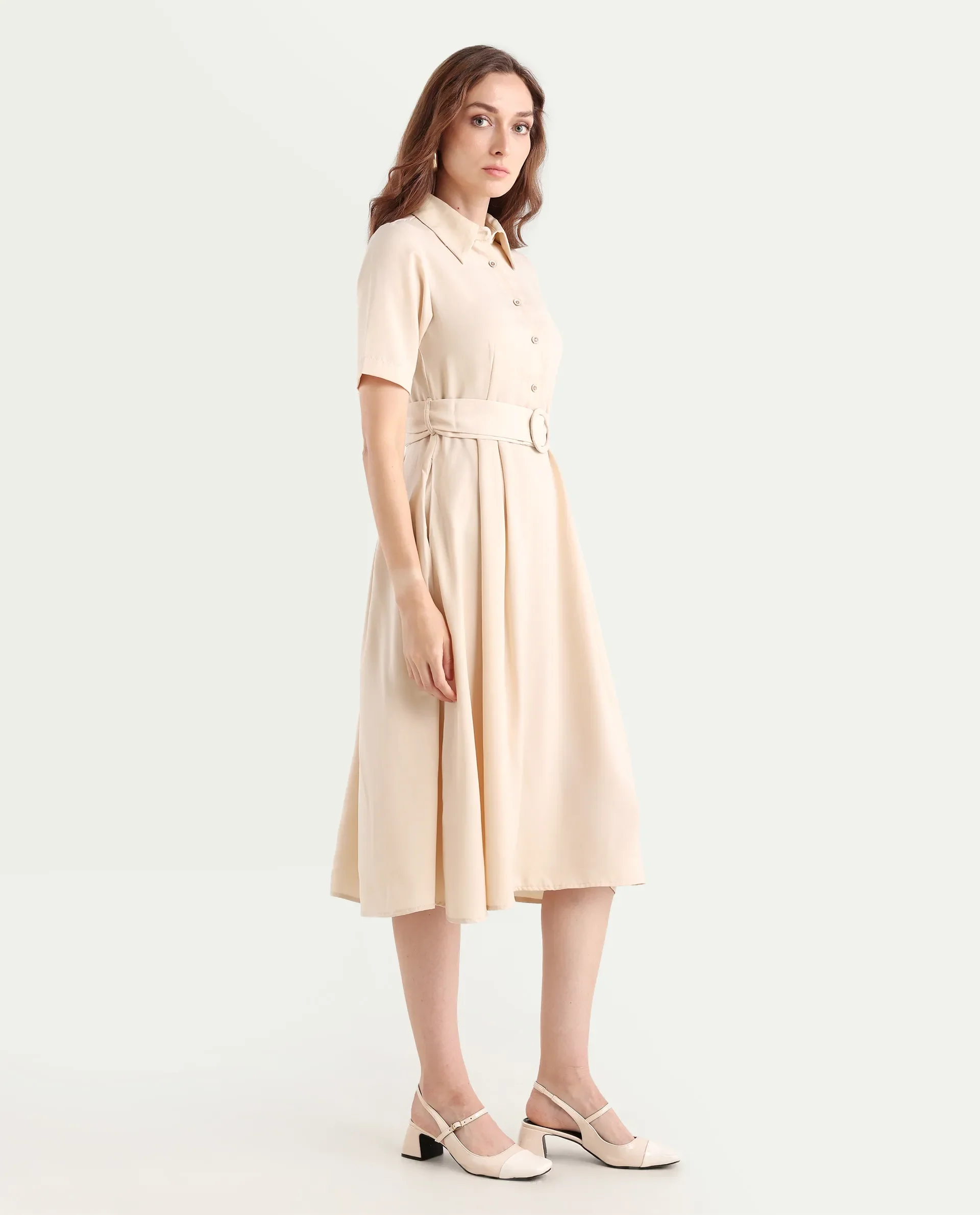 Rareism Women's Enbarry Off White Satin Drop Collar Plain Boxy Sleeve Midi Fit And Flare Dress - Image 7