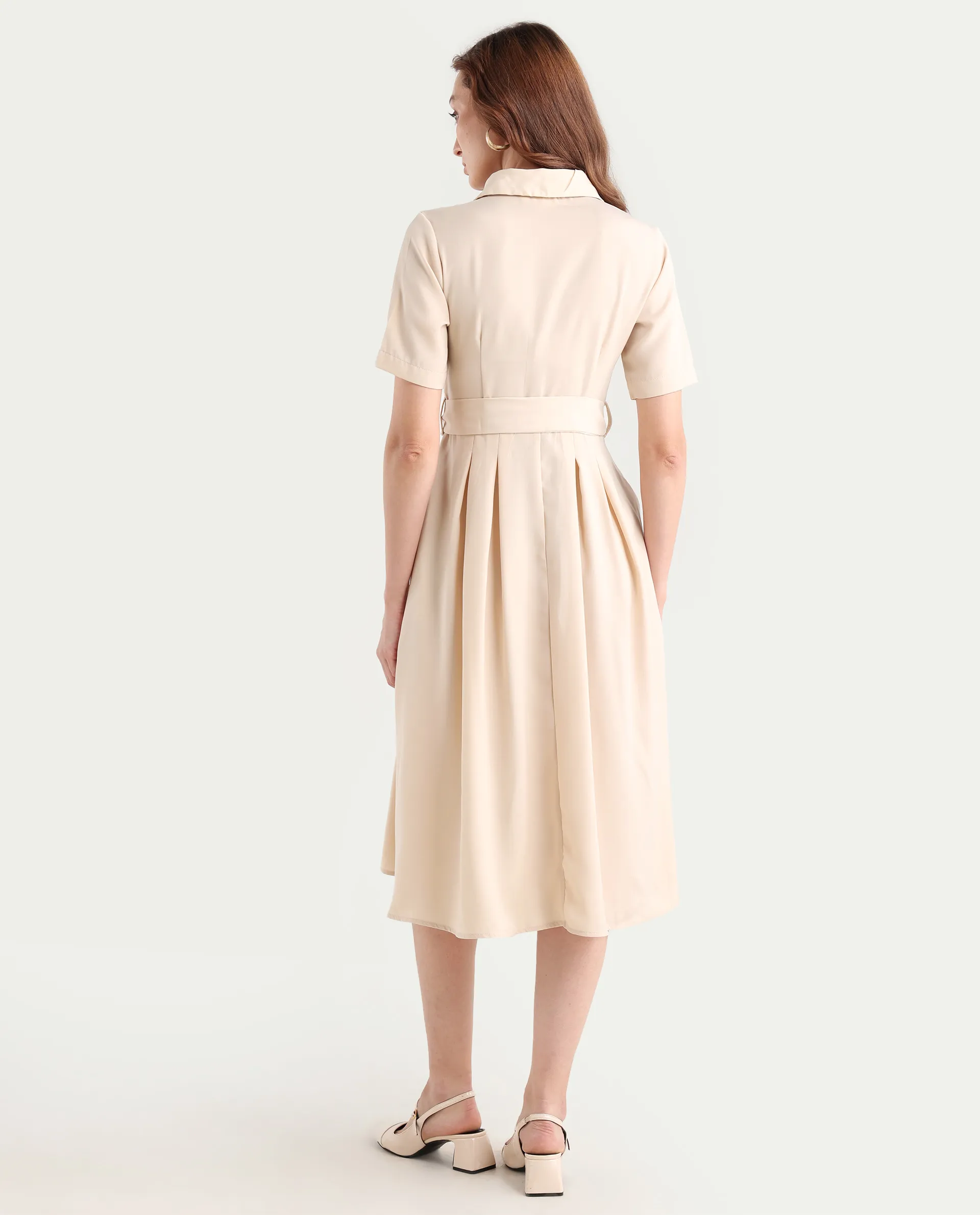 Rareism Women's Enbarry Off White Satin Drop Collar Plain Boxy Sleeve Midi Fit And Flare Dress - Image 8