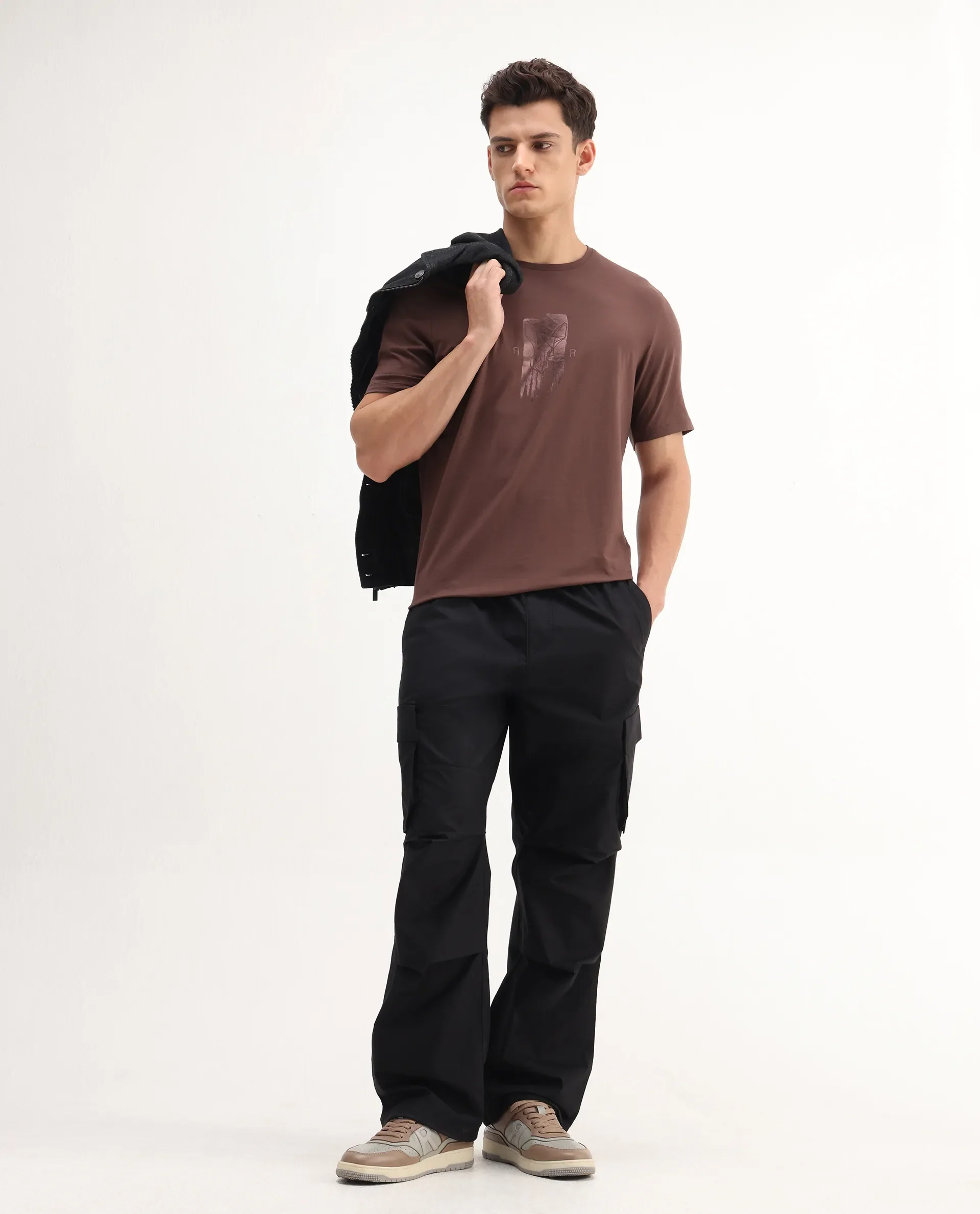 Rare Rabbit Men's Enc Dusky Brown Cotton Blend Graphic Print Regular Fit Half Sleeve Crew Neck T-Shirt - Image 2