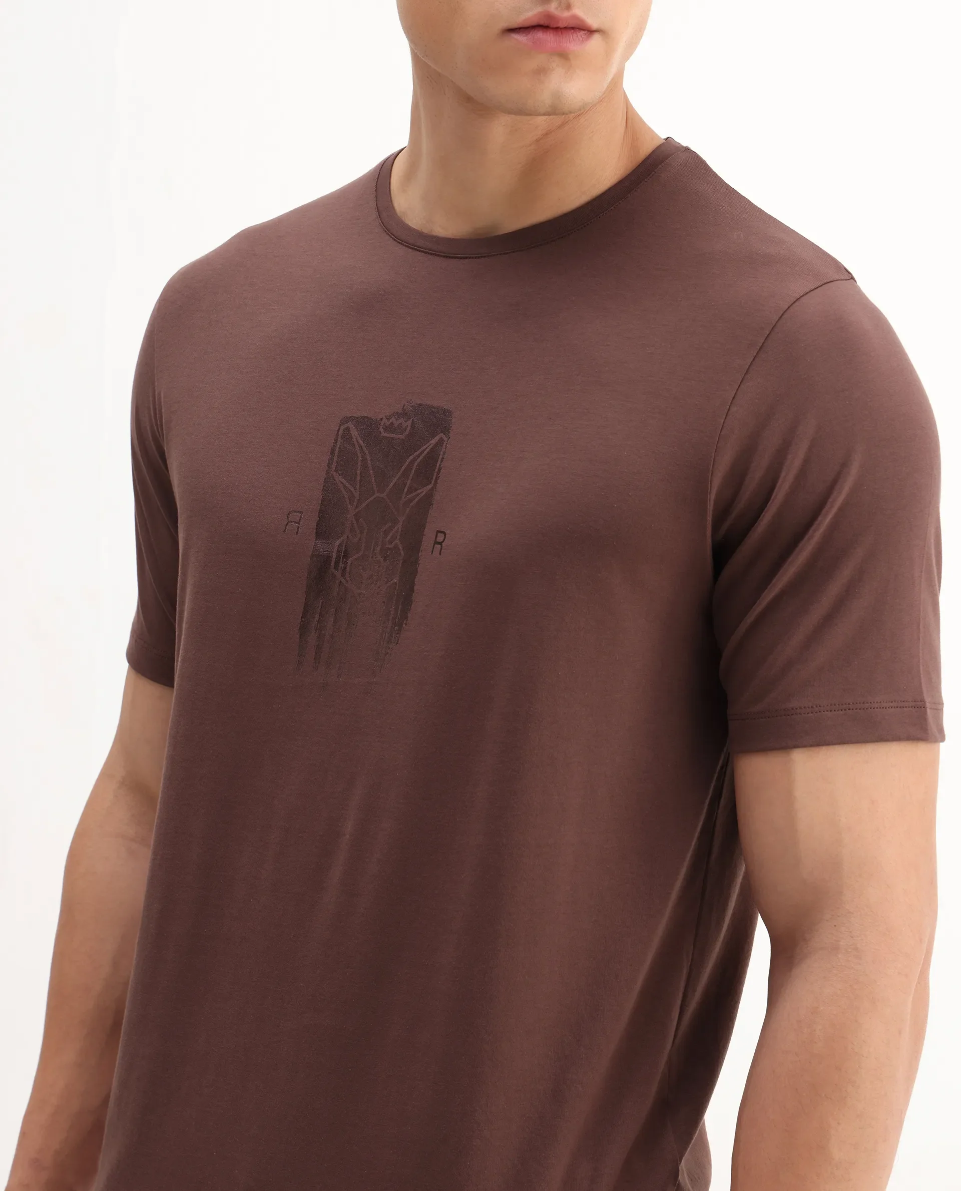 Rare Rabbit Men's Enc Dusky Brown Cotton Blend Graphic Print Regular Fit Half Sleeve Crew Neck T-Shirt - Image 3