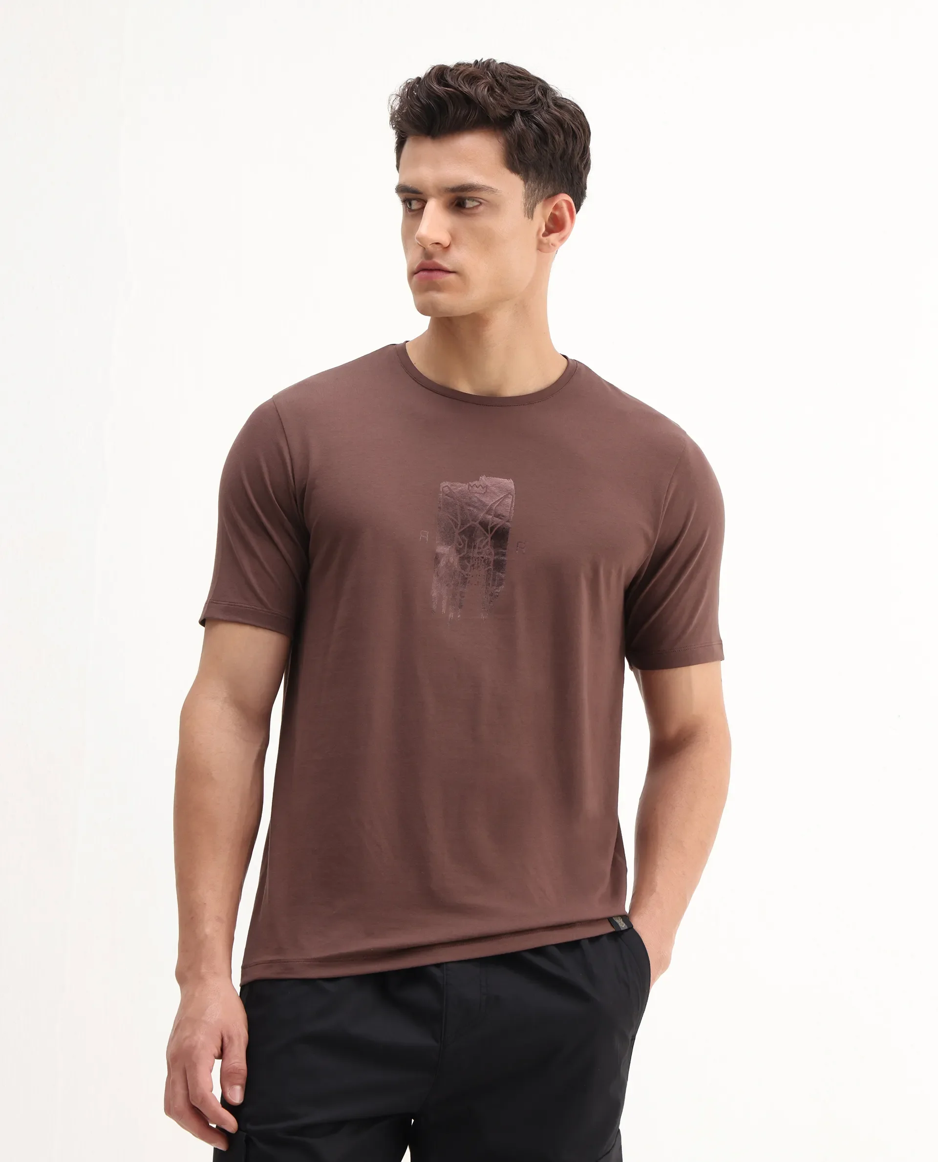 Rare Rabbit Men's Enc Dusky Brown Cotton Blend Graphic Print Regular Fit Half Sleeve Crew Neck T-Shirt - Image 4