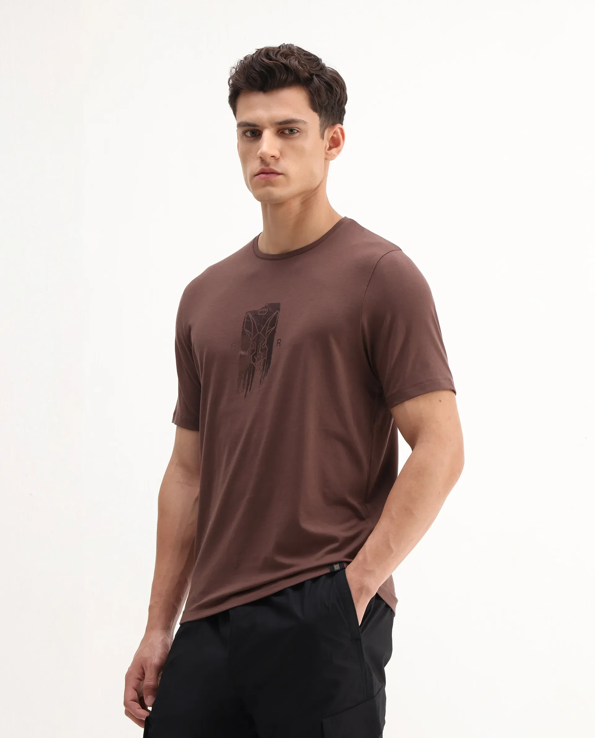 Rare Rabbit Men's Enc Dusky Brown Cotton Blend Graphic Print Regular Fit Half Sleeve Crew Neck T-Shirt - Image 5