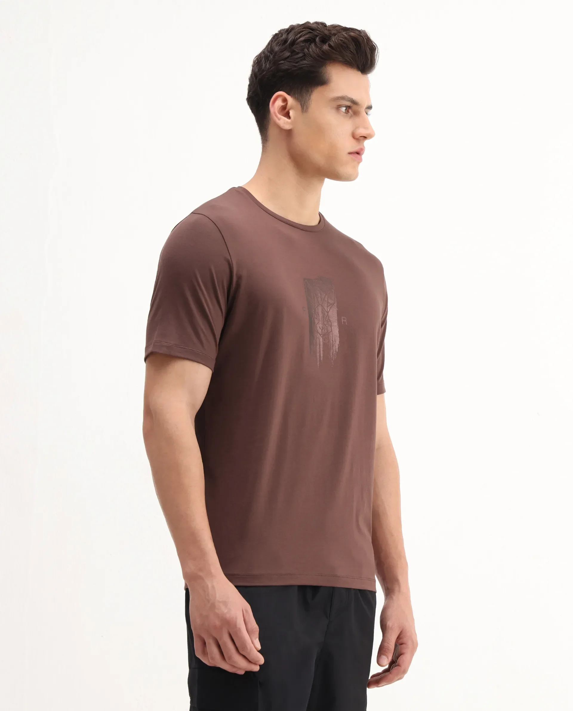 Rare Rabbit Men's Enc Dusky Brown Cotton Blend Graphic Print Regular Fit Half Sleeve Crew Neck T-Shirt - Image 6