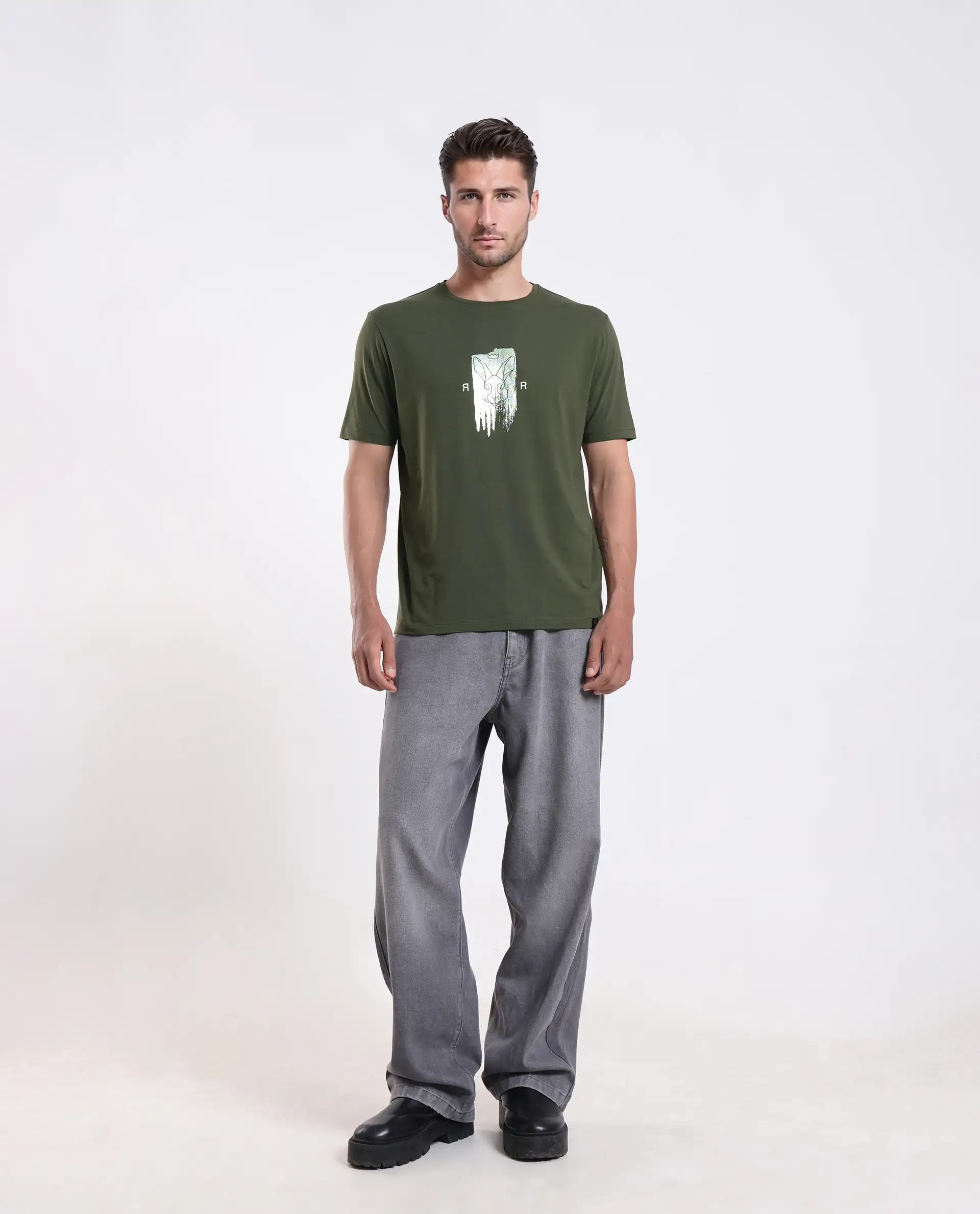 Rare Rabbit Men's Enc Olive Cotton Blend Graphic Print Regular Fit Half Sleeve Crew Neck T-Shirt - Image 2