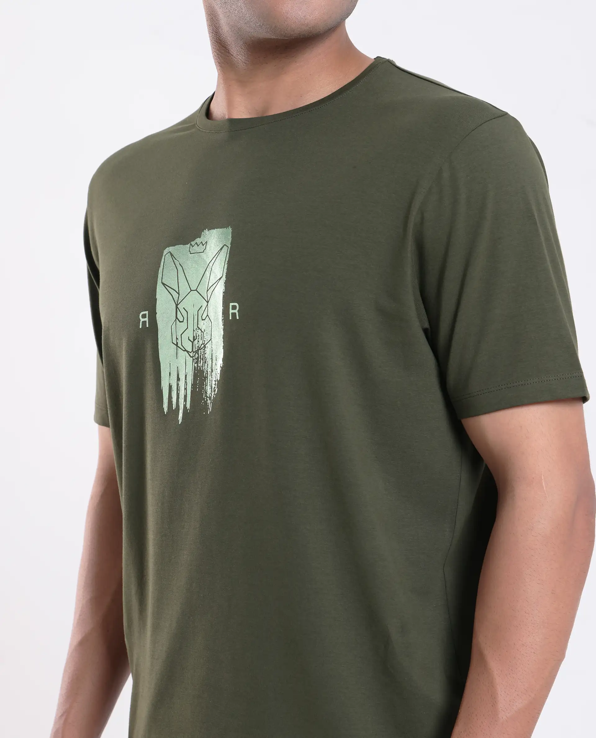 Rare Rabbit Men's Enc Olive Cotton Blend Graphic Print Regular Fit Half Sleeve Crew Neck T-Shirt - Image 3