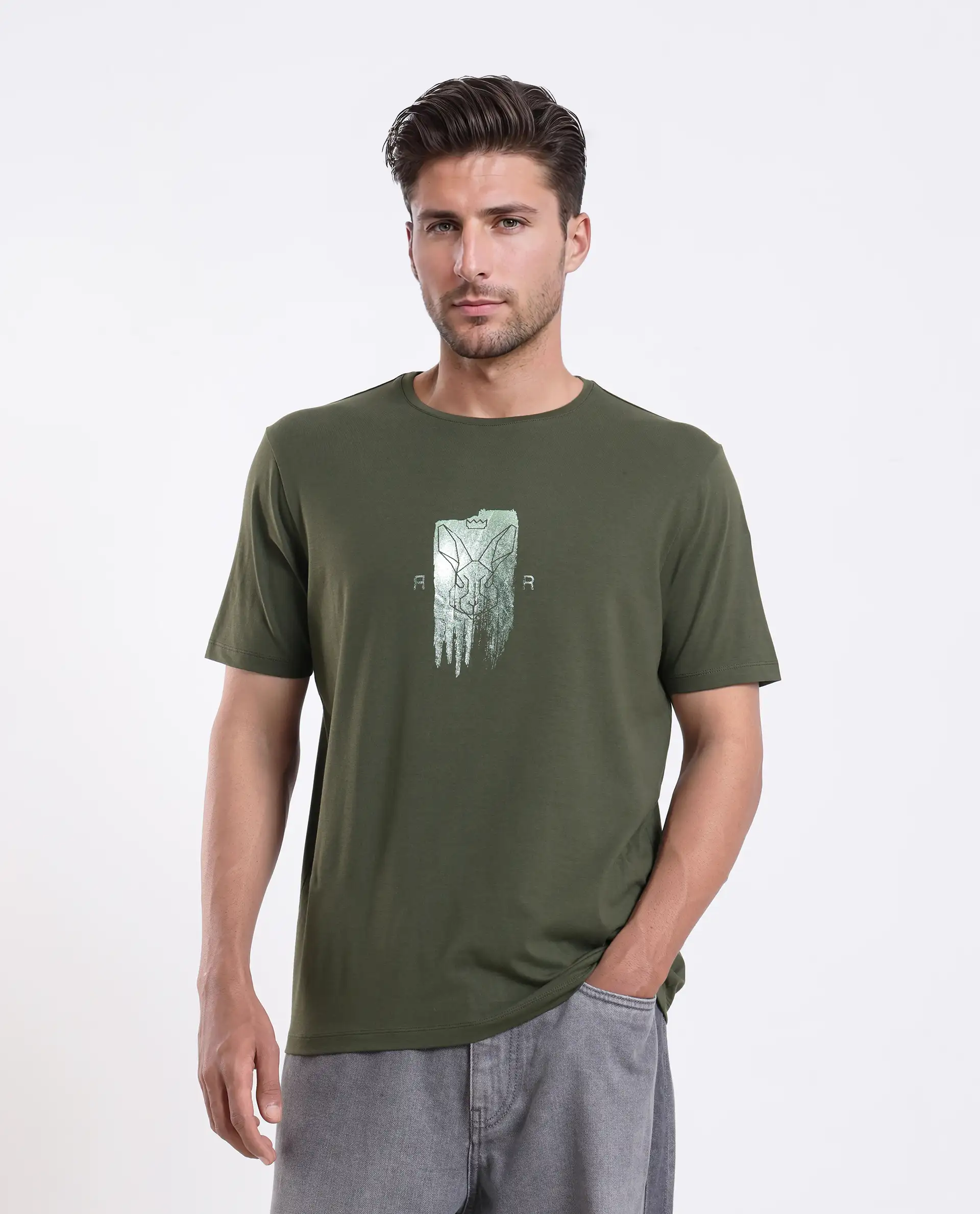 Rare Rabbit Men's Enc Olive Cotton Blend Graphic Print Regular Fit Half Sleeve Crew Neck T-Shirt - Image 4
