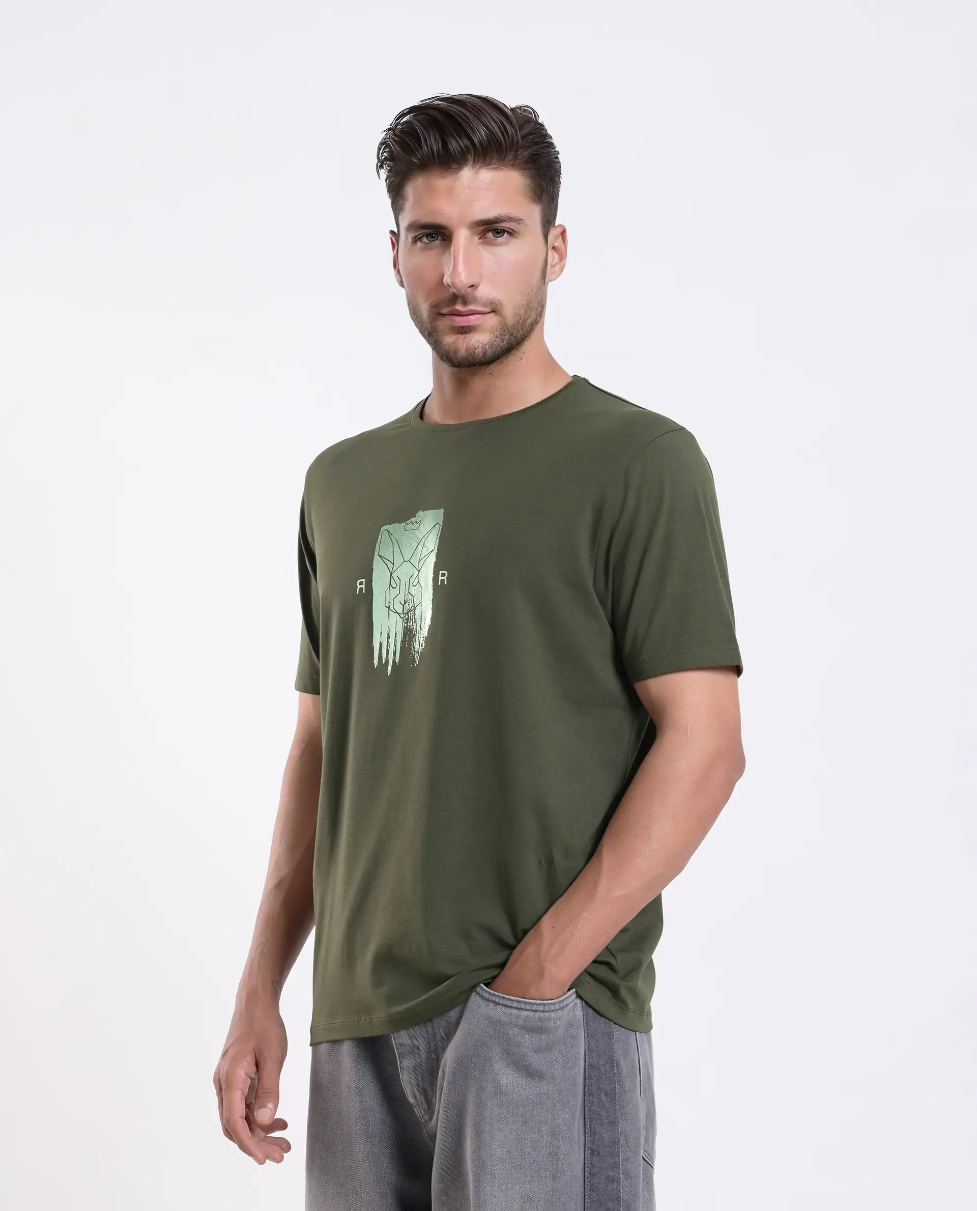 Rare Rabbit Men's Enc Olive Cotton Blend Graphic Print Regular Fit Half Sleeve Crew Neck T-Shirt - Image 5