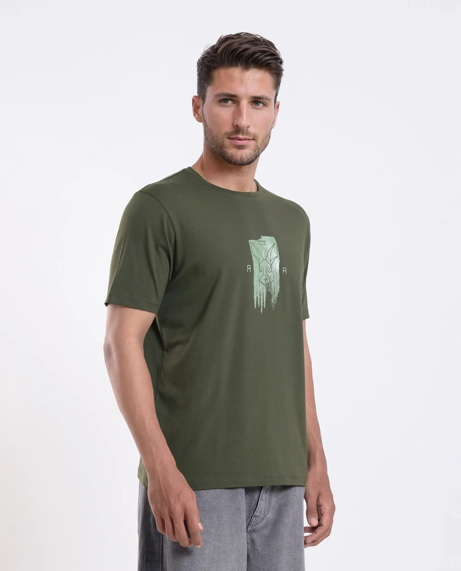 Rare Rabbit Men's Enc Olive Cotton Blend Graphic Print Regular Fit Half Sleeve Crew Neck T-Shirt - Image 6