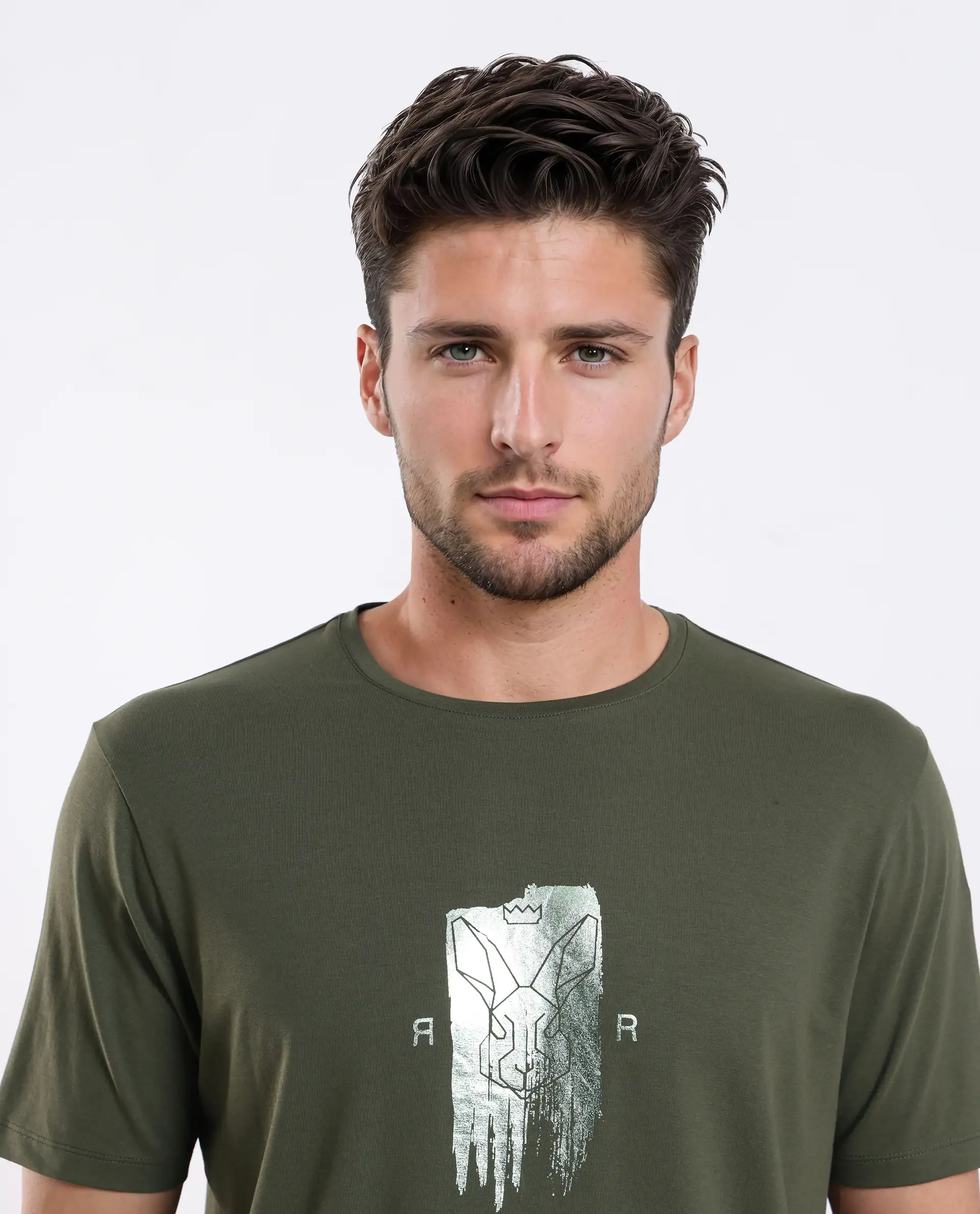 Rare Rabbit Men's Enc Olive Cotton Blend Graphic Print Regular Fit Half Sleeve Crew Neck T-Shirt - Image 7