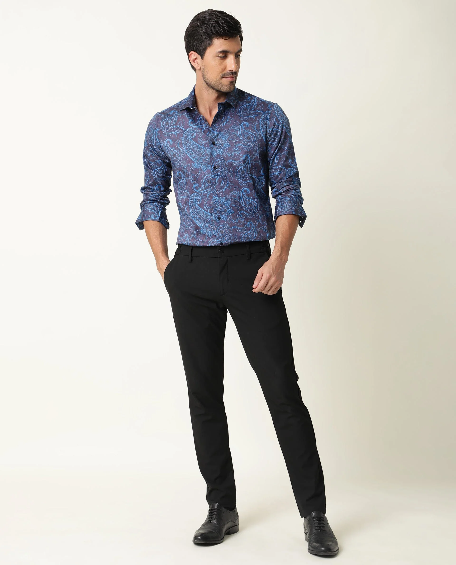Rare Rabbit Men's Enchan Navy Cotton Paisley Print Regular Fit Full Sleeve Collared Shirt - Image 2