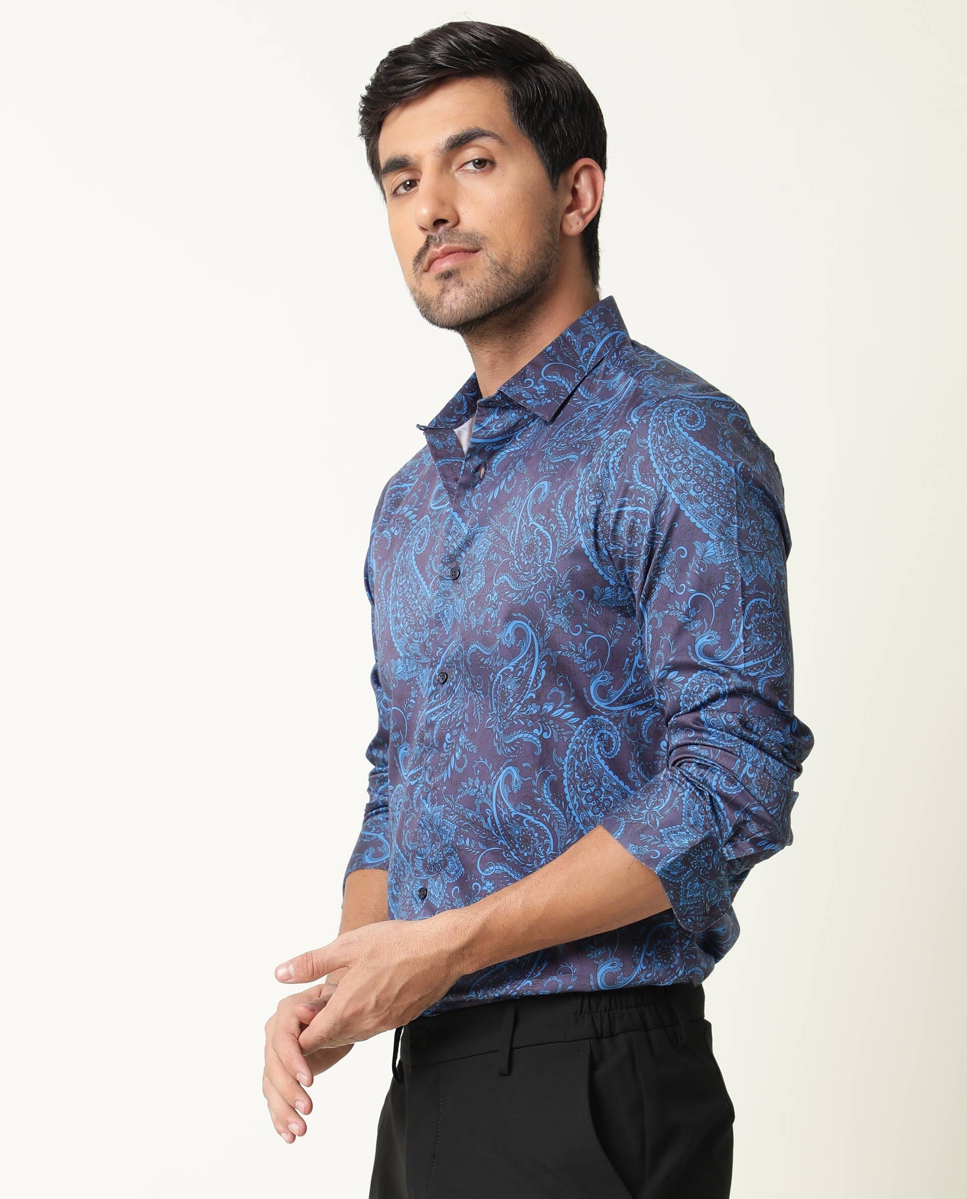 Rare Rabbit Men's Enchan Navy Cotton Paisley Print Regular Fit Full Sleeve Collared Shirt - Image 3