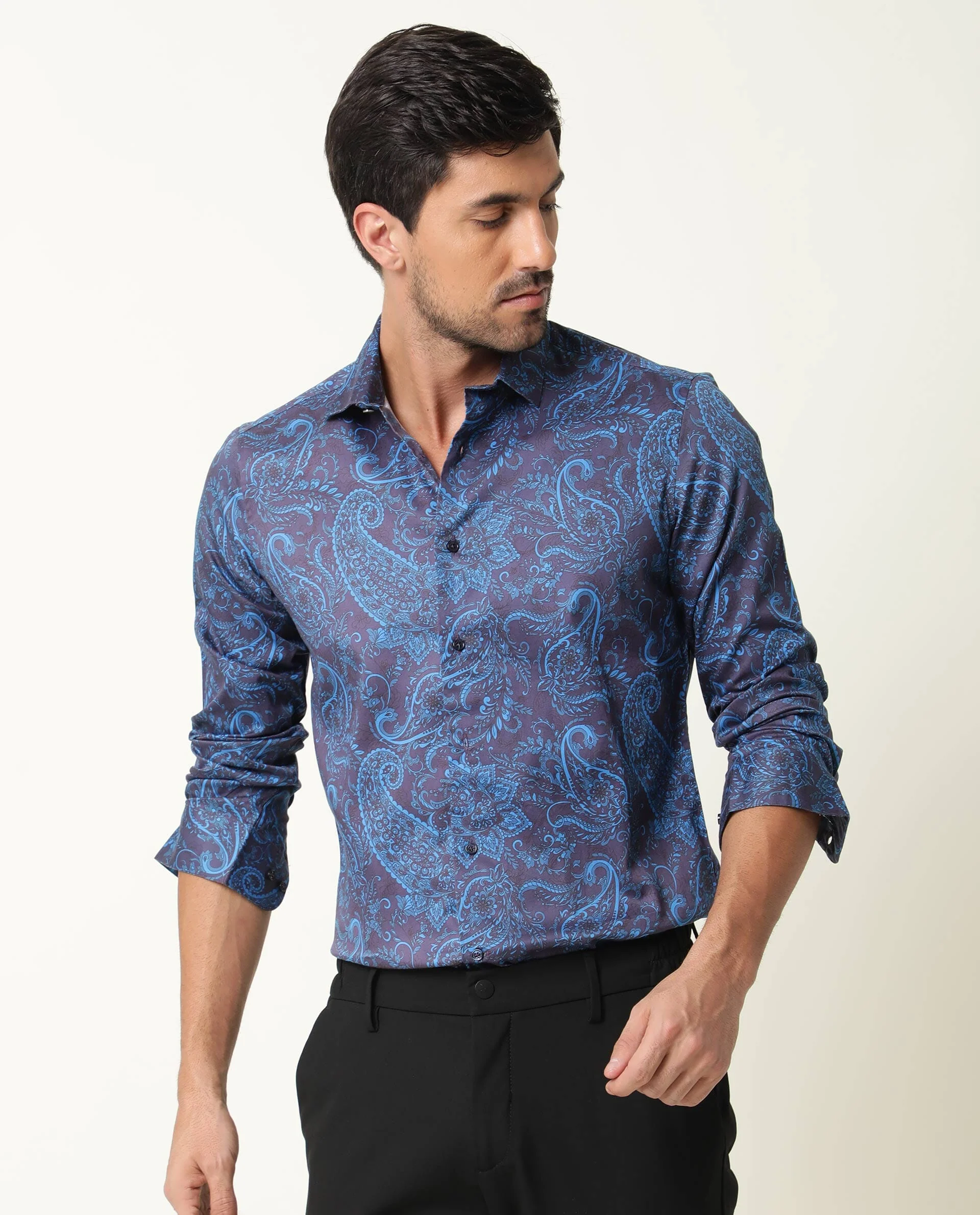 Rare Rabbit Men's Enchan Navy Cotton Paisley Print Regular Fit Full Sleeve Collared Shirt - Image 4