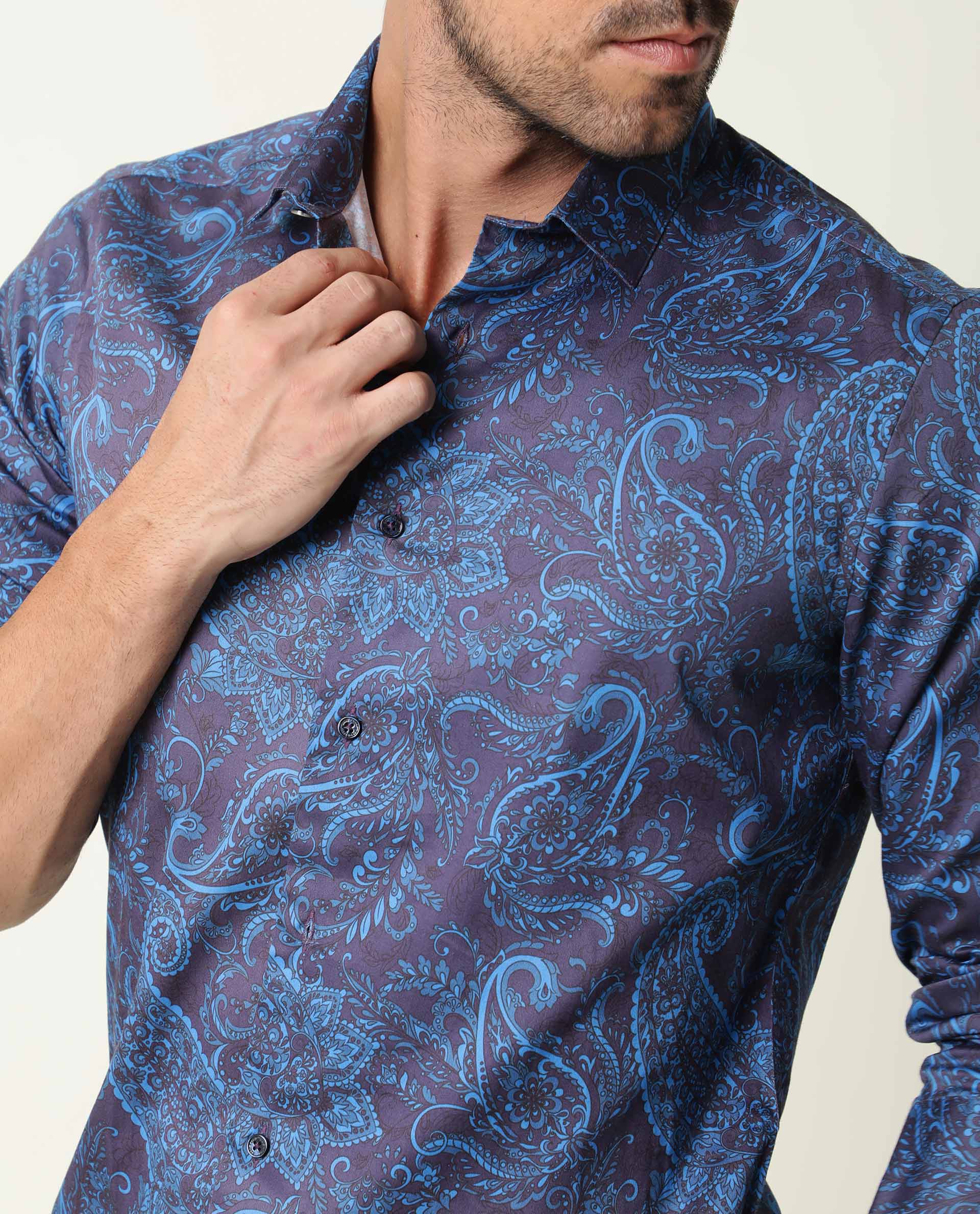 Rare Rabbit Men's Enchan Navy Cotton Paisley Print Regular Fit Full Sleeve Collared Shirt - Image 5