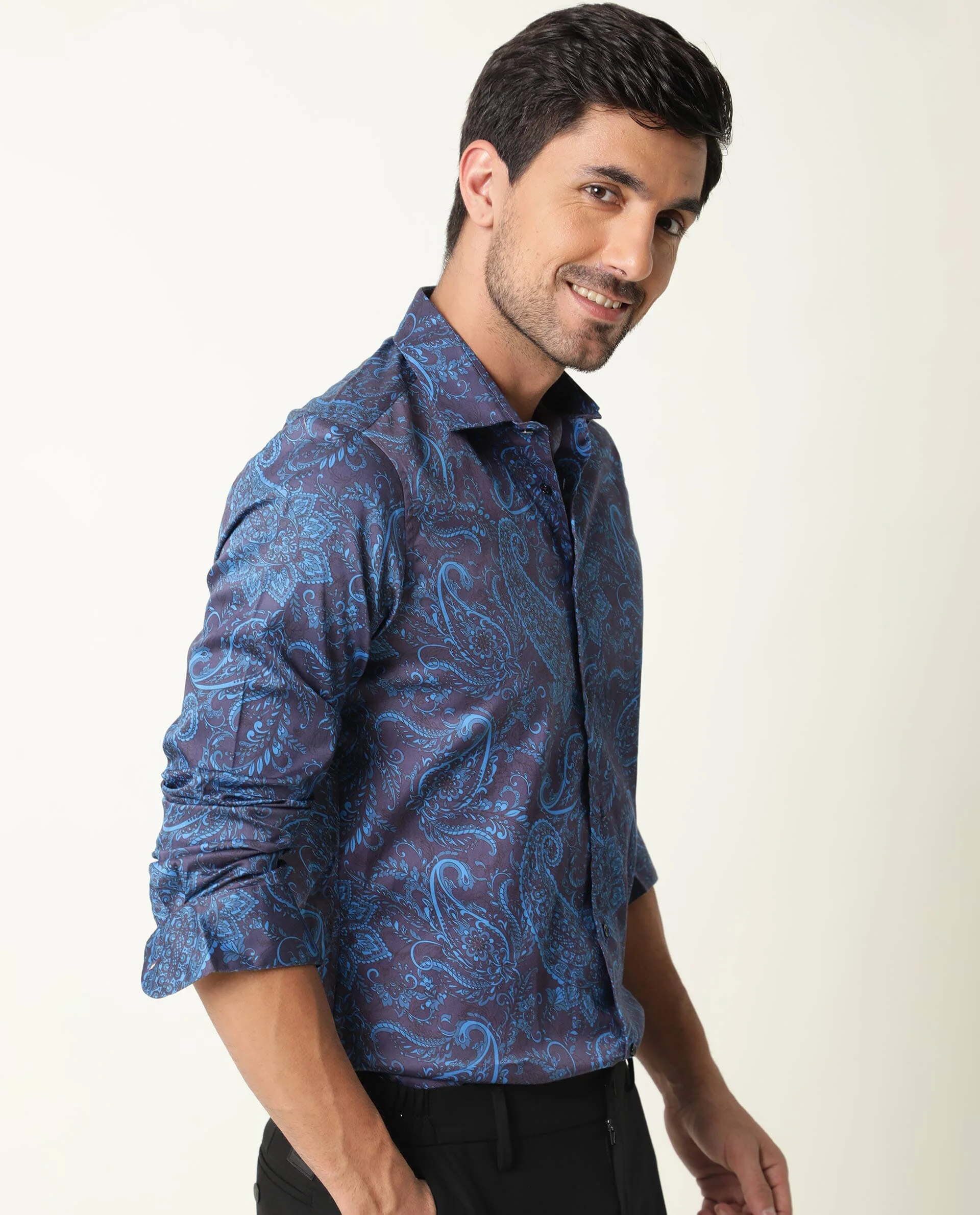 Rare Rabbit Men's Enchan Navy Cotton Paisley Print Regular Fit Full Sleeve Collared Shirt - Image 6