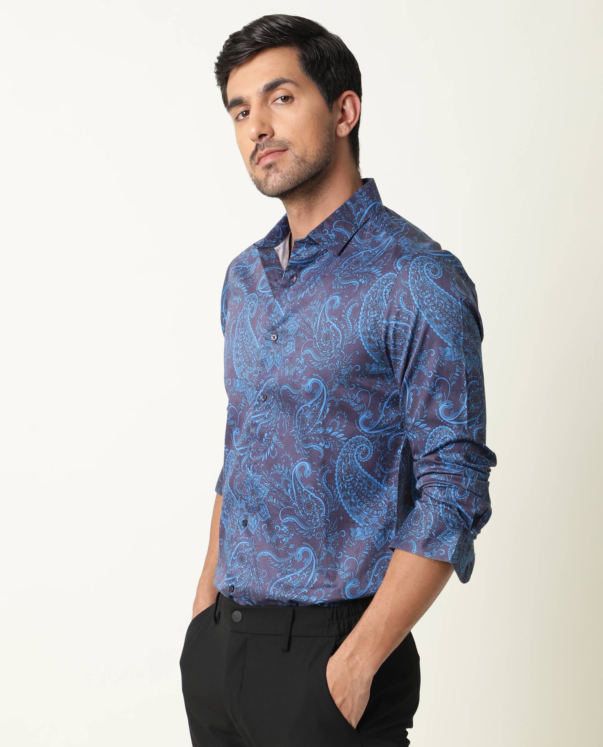Rare Rabbit Men's Enchan Navy Cotton Paisley Print Regular Fit Full Sleeve Collared Shirt - Image 7