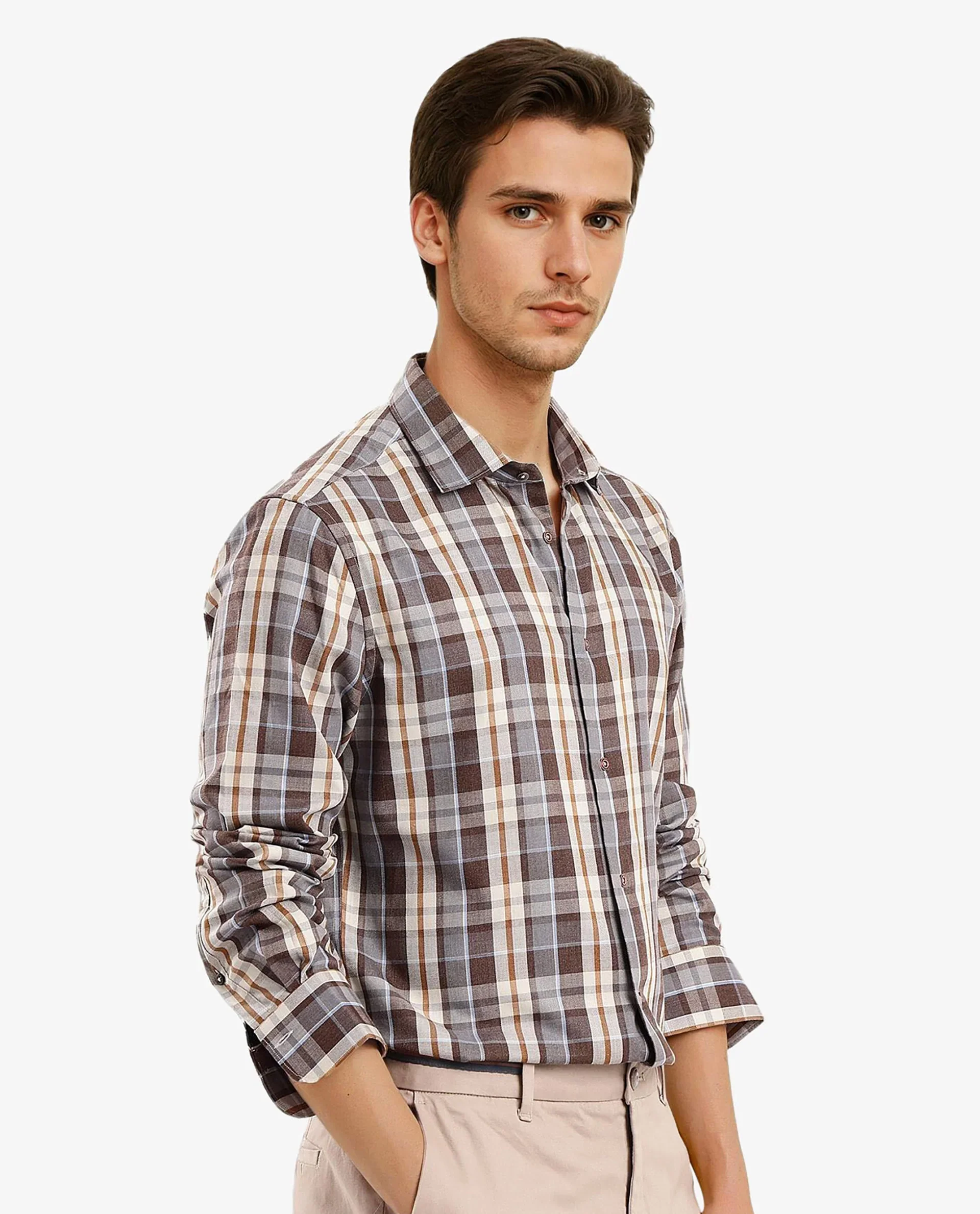 Rare Rabbit Men's Endel Brown Cotton Checked Print Regular Fit Full Sleeve Collared Shirt - Image 8