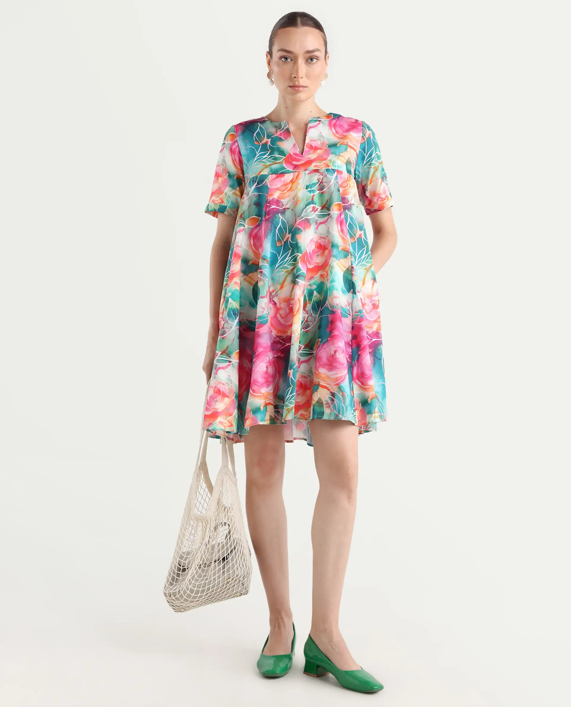 Rareism Women's Enderson Multi Cotton Crew Neck Floral Print Knee Length Fit And Flare Top - Image 2