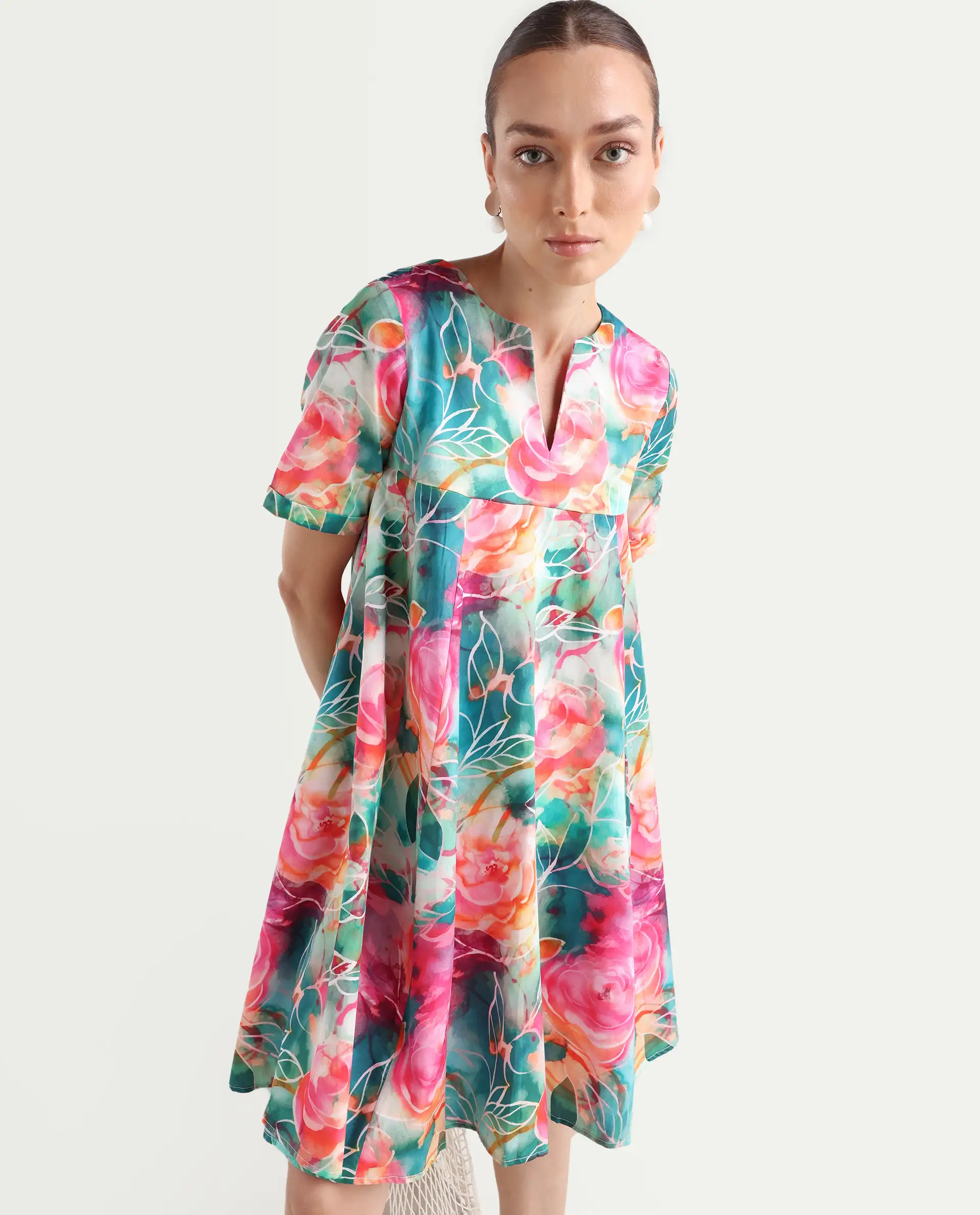 Rareism Women's Enderson Multi Cotton Crew Neck Floral Print Knee Length Fit And Flare Top - Image 3