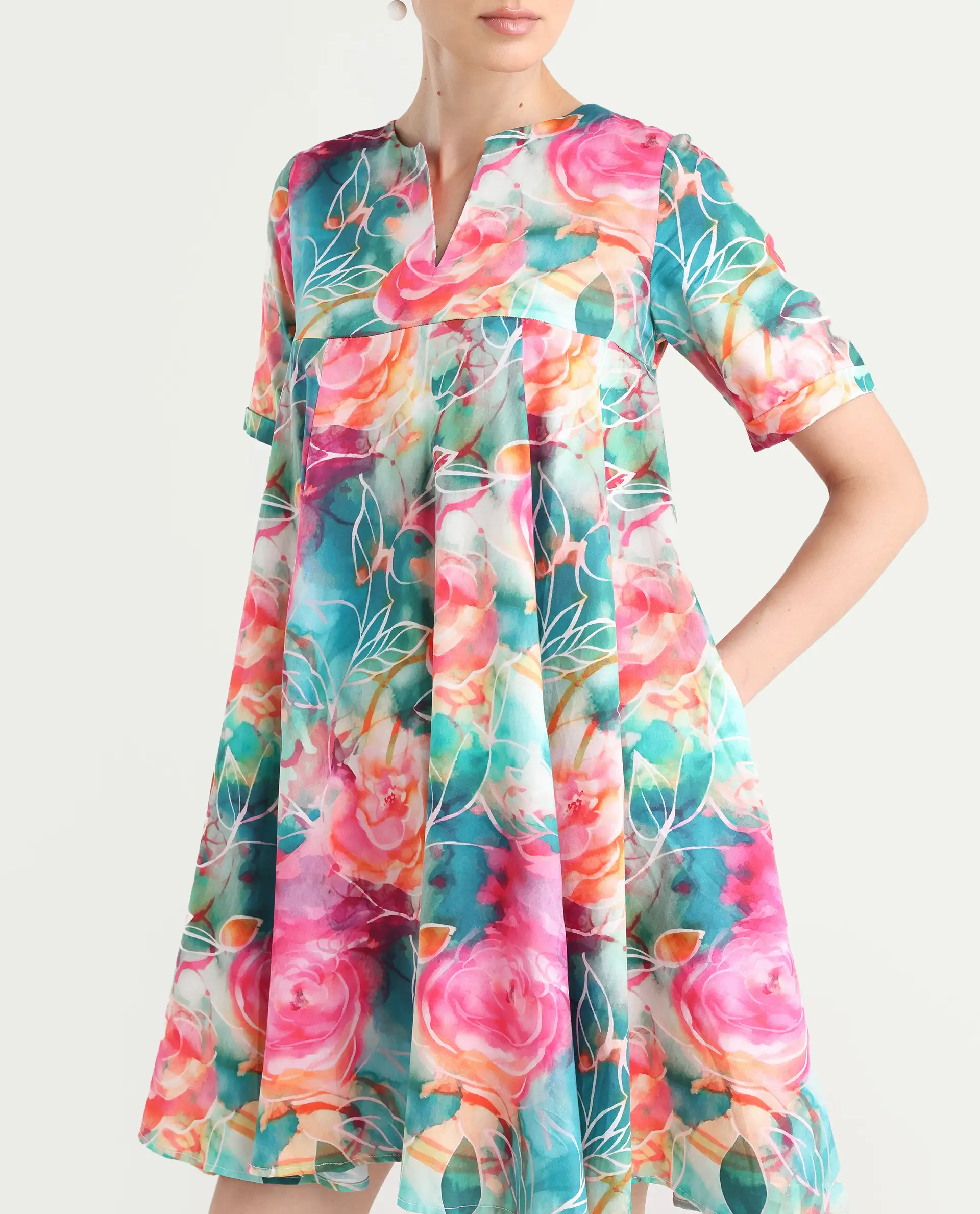 Rareism Women's Enderson Multi Cotton Crew Neck Floral Print Knee Length Fit And Flare Top - Image 4