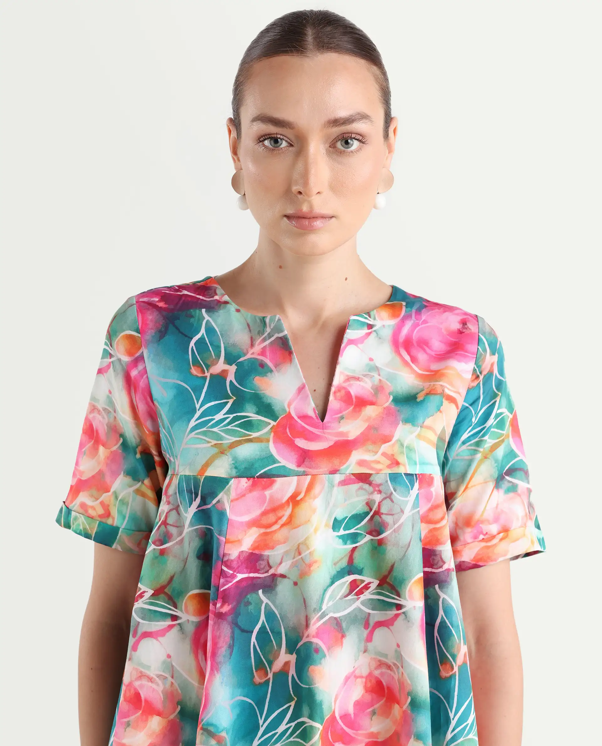 Rareism Women's Enderson Multi Cotton Crew Neck Floral Print Knee Length Fit And Flare Top - Image 5