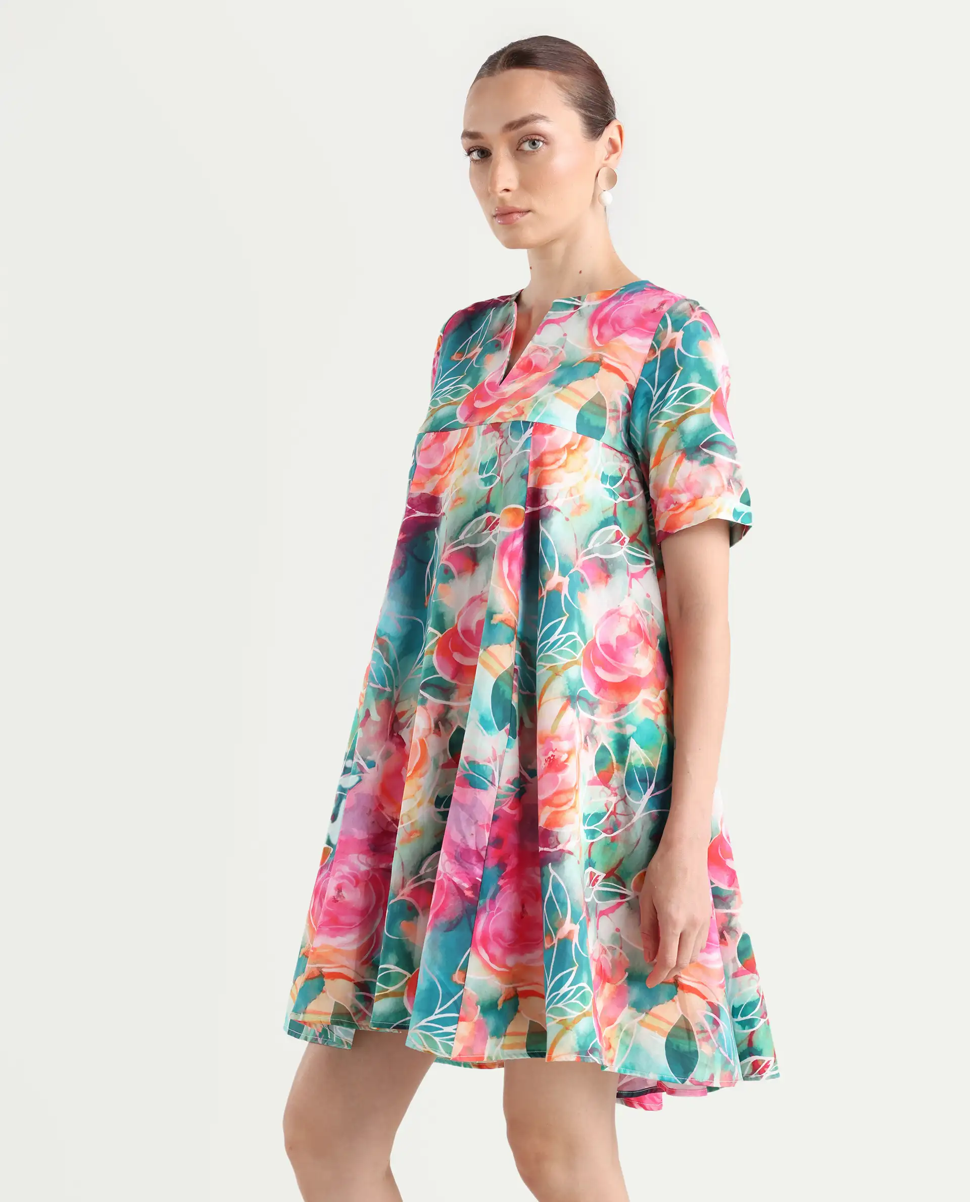 Rareism Women's Enderson Multi Cotton Crew Neck Floral Print Knee Length Fit And Flare Top - Image 6