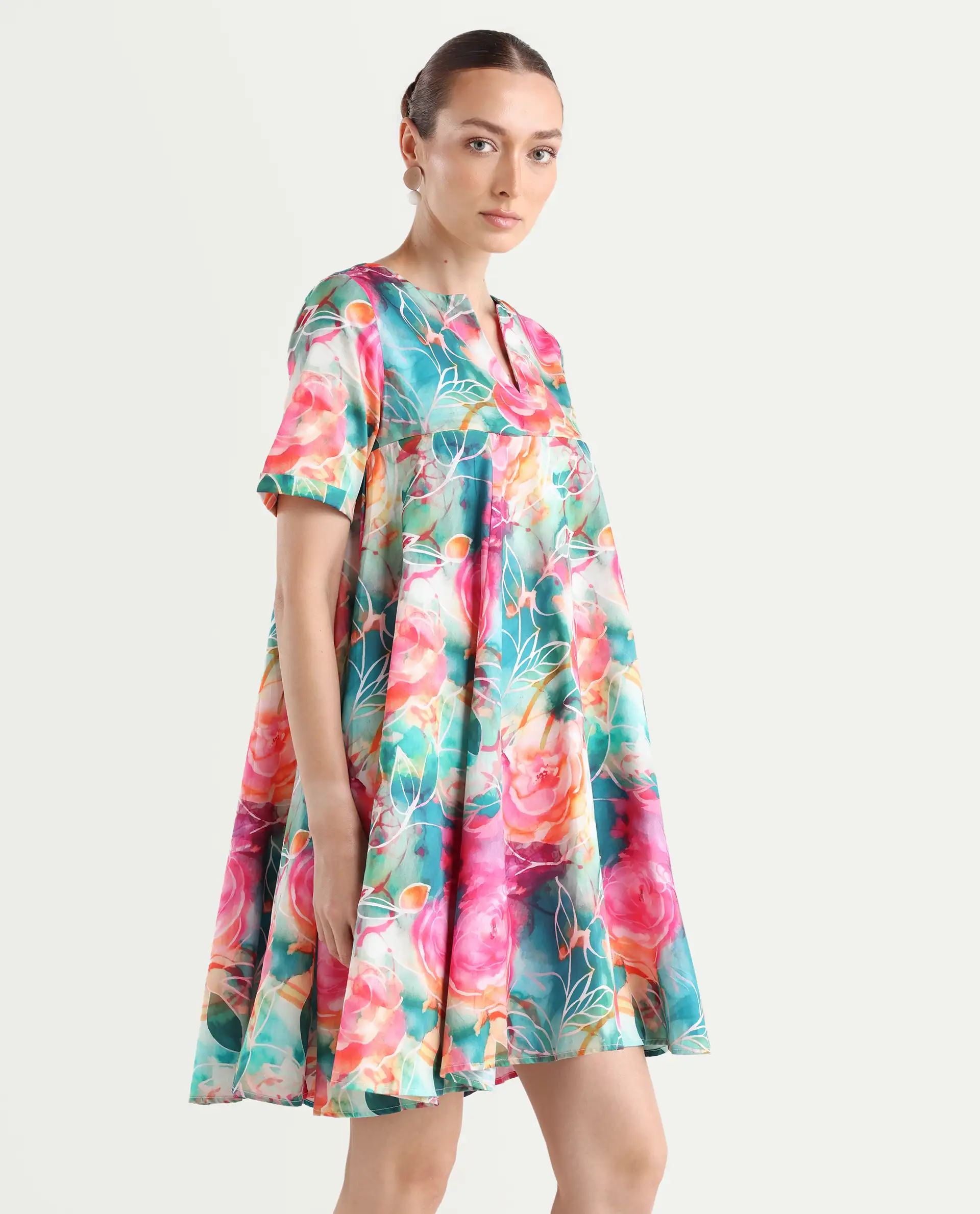 Rareism Women's Enderson Multi Cotton Crew Neck Floral Print Knee Length Fit And Flare Top - Image 7