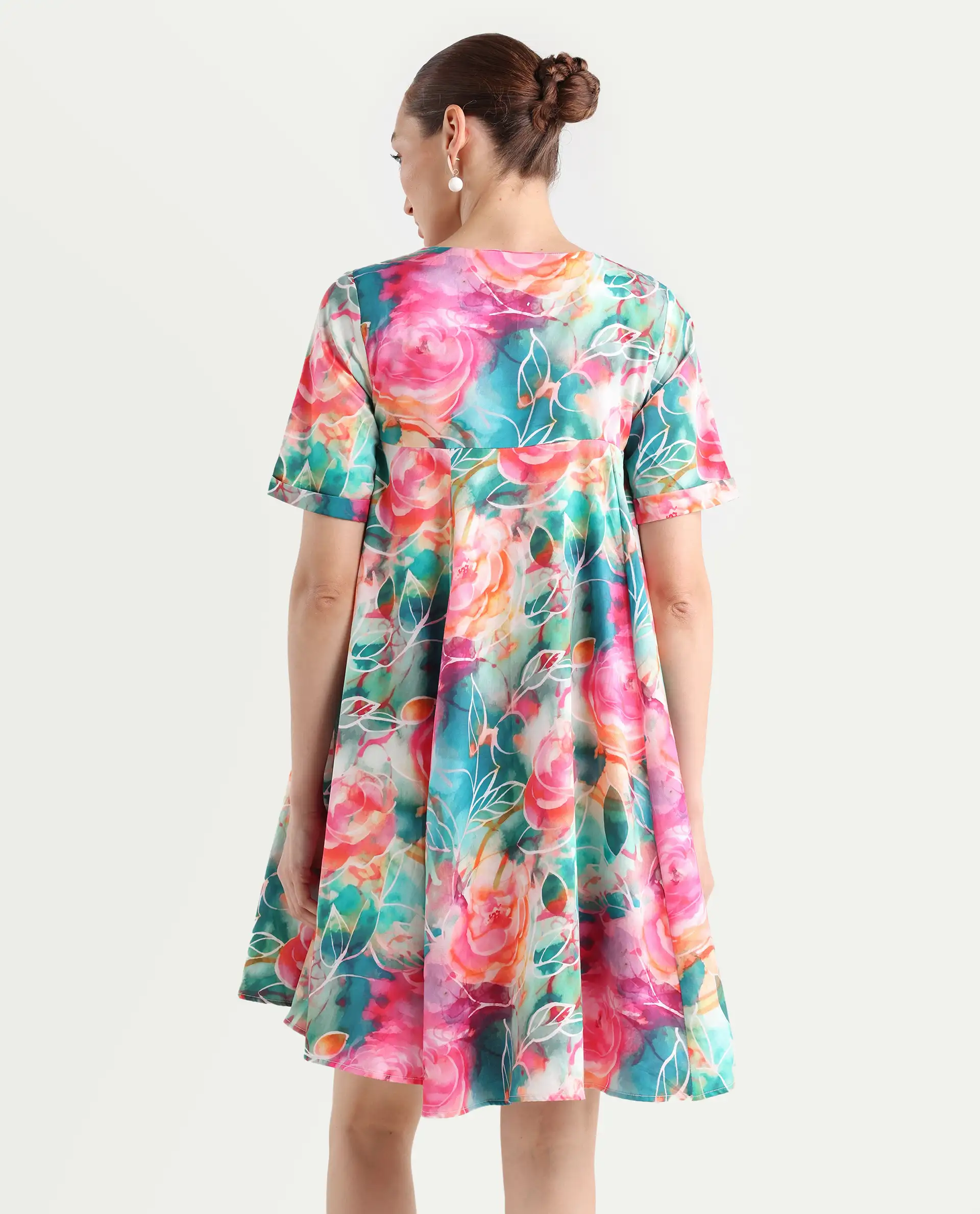 Rareism Women's Enderson Multi Cotton Crew Neck Floral Print Knee Length Fit And Flare Top - Image 8