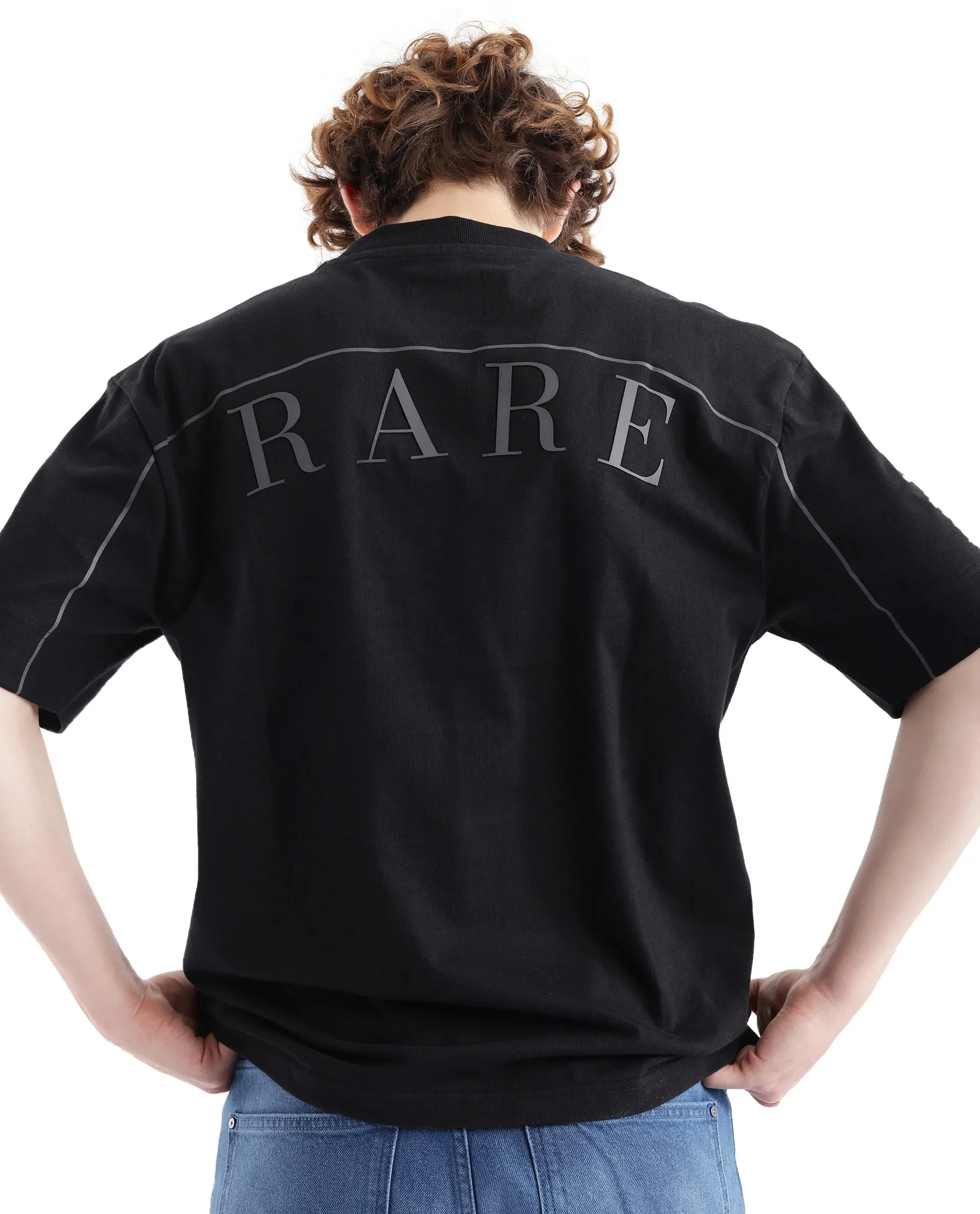 Rare Rabbit Men's Endrol Black Cotton Typography Print Boxy Fit Half Sleeve Crew Neck T-Shirt