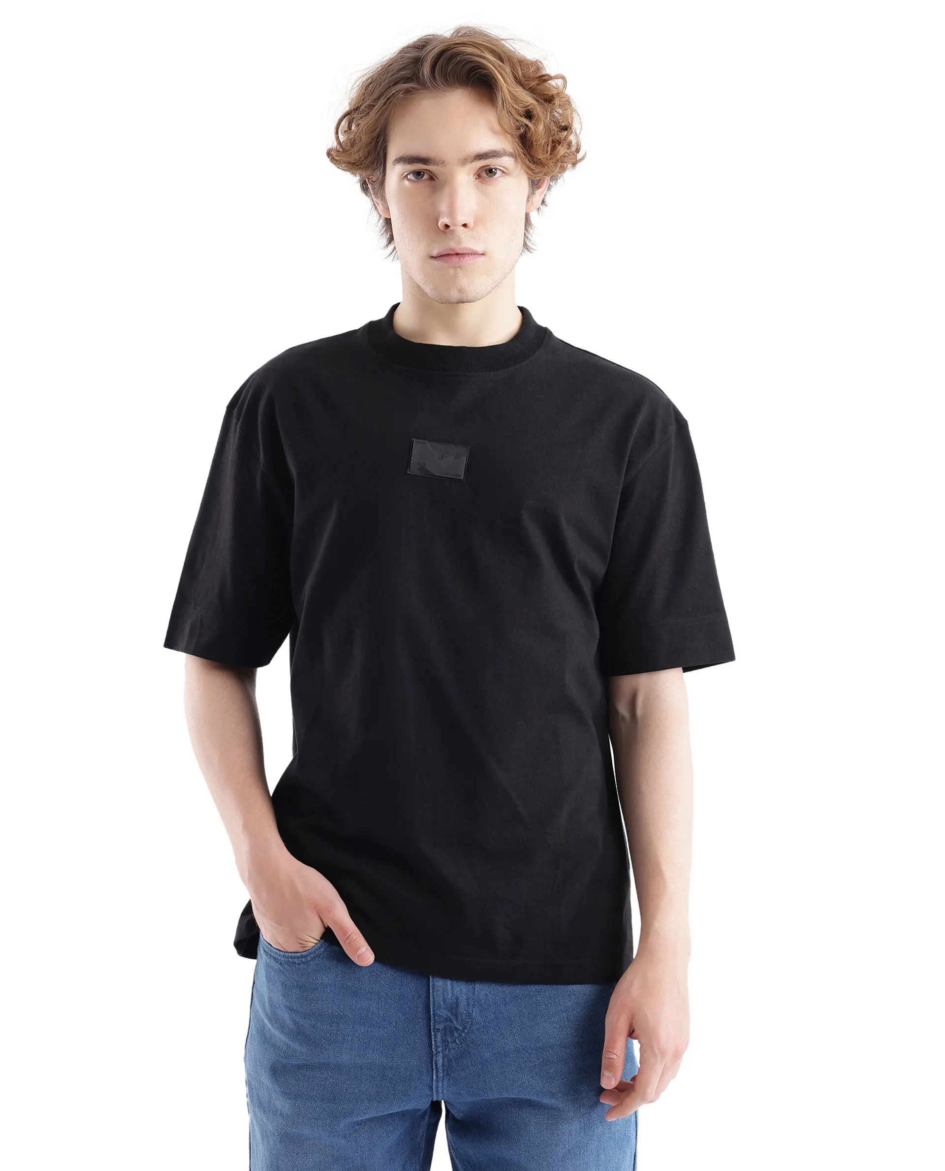 Rare Rabbit Men's Endrol Black Cotton Typography Print Boxy Fit Half Sleeve Crew Neck T-Shirt - Image 2