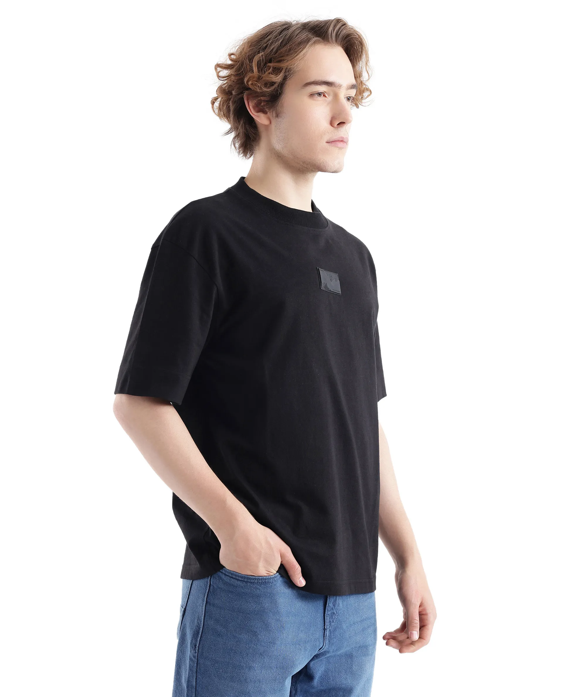 Rare Rabbit Men's Endrol Black Cotton Typography Print Boxy Fit Half Sleeve Crew Neck T-Shirt - Image 6