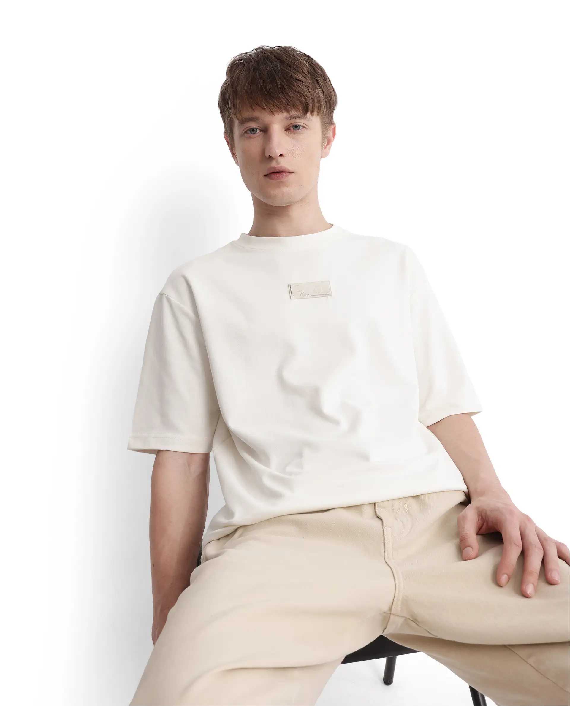 Rare Rabbit Men's Endy Off White Cotton Blend Graphic Print Boxy Fit Half Sleeve Crew Neck T-Shirt