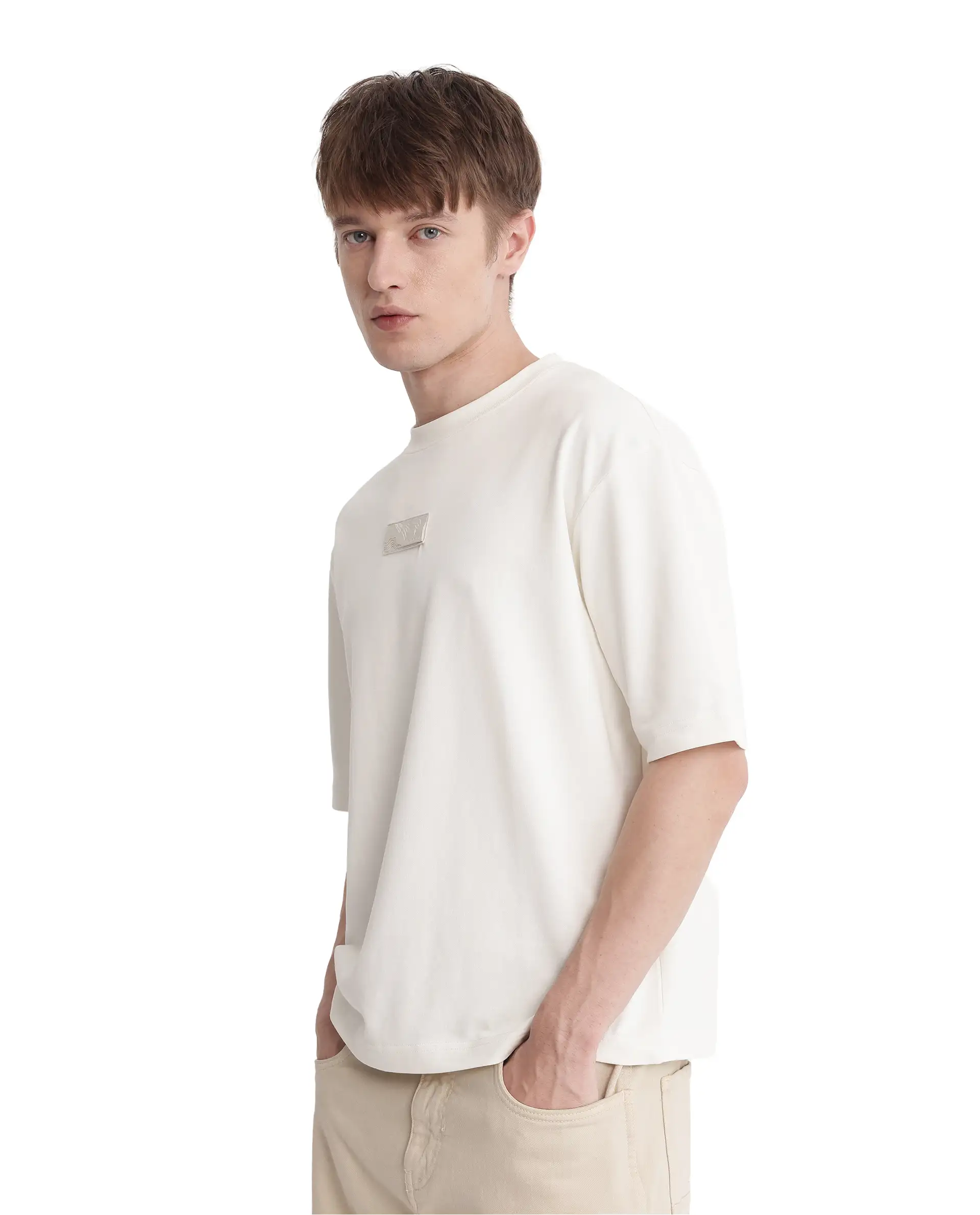 Rare Rabbit Men's Endy Off White Cotton Blend Graphic Print Boxy Fit Half Sleeve Crew Neck T-Shirt - Image 5