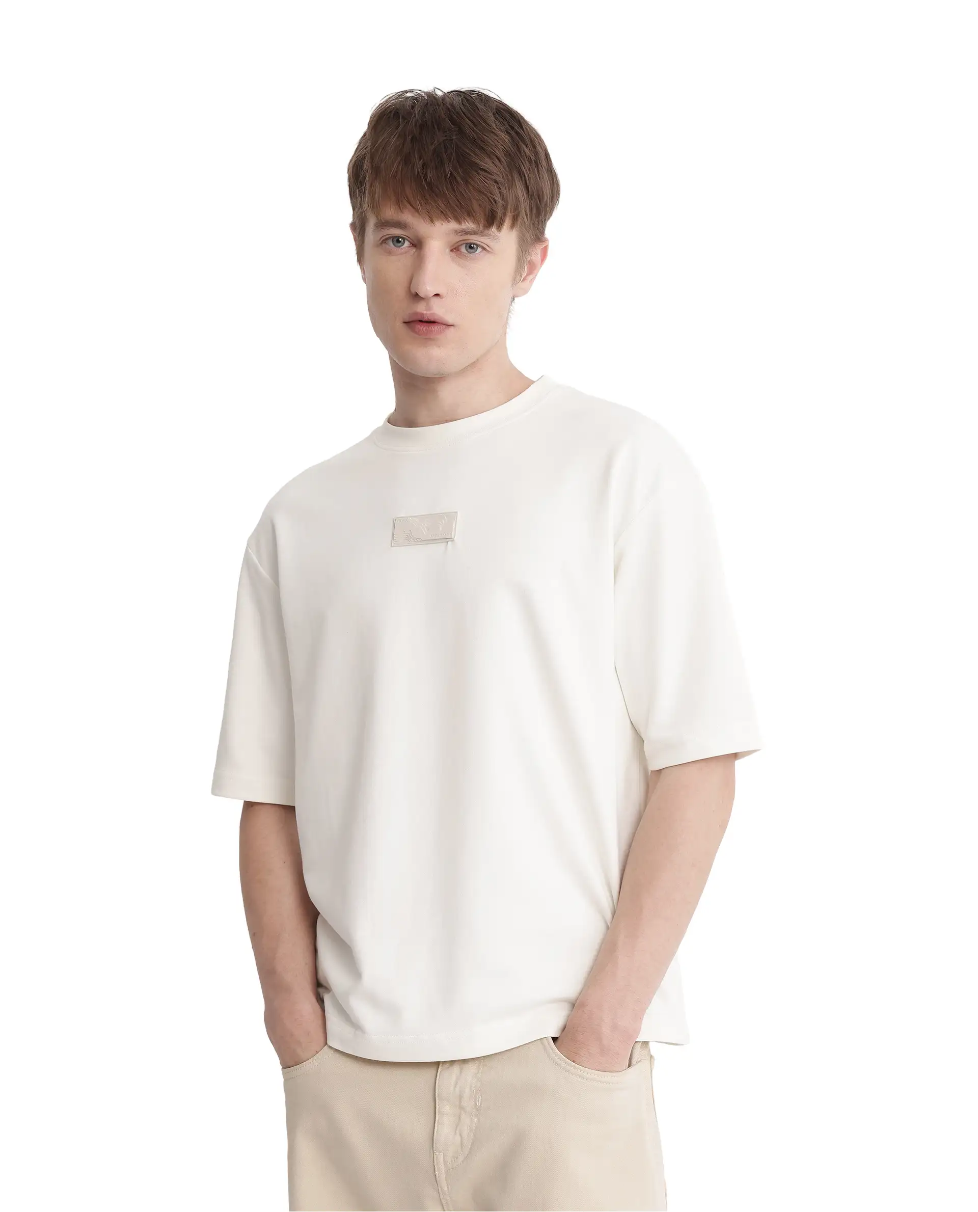 Rare Rabbit Men's Endy Off White Cotton Blend Graphic Print Boxy Fit Half Sleeve Crew Neck T-Shirt - Image 7