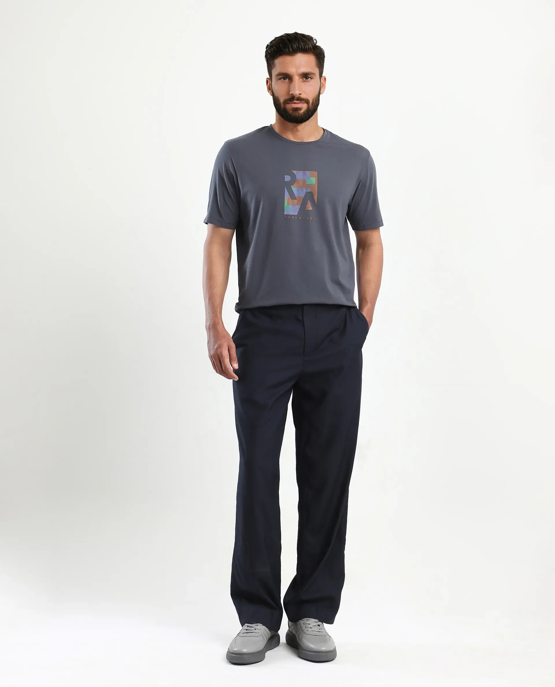 Rare Rabbit Men's Ene Dark Grey Cotton Blend Graphic Print Regular Fit Half Sleeve Crew Neck T-Shirt - Image 2
