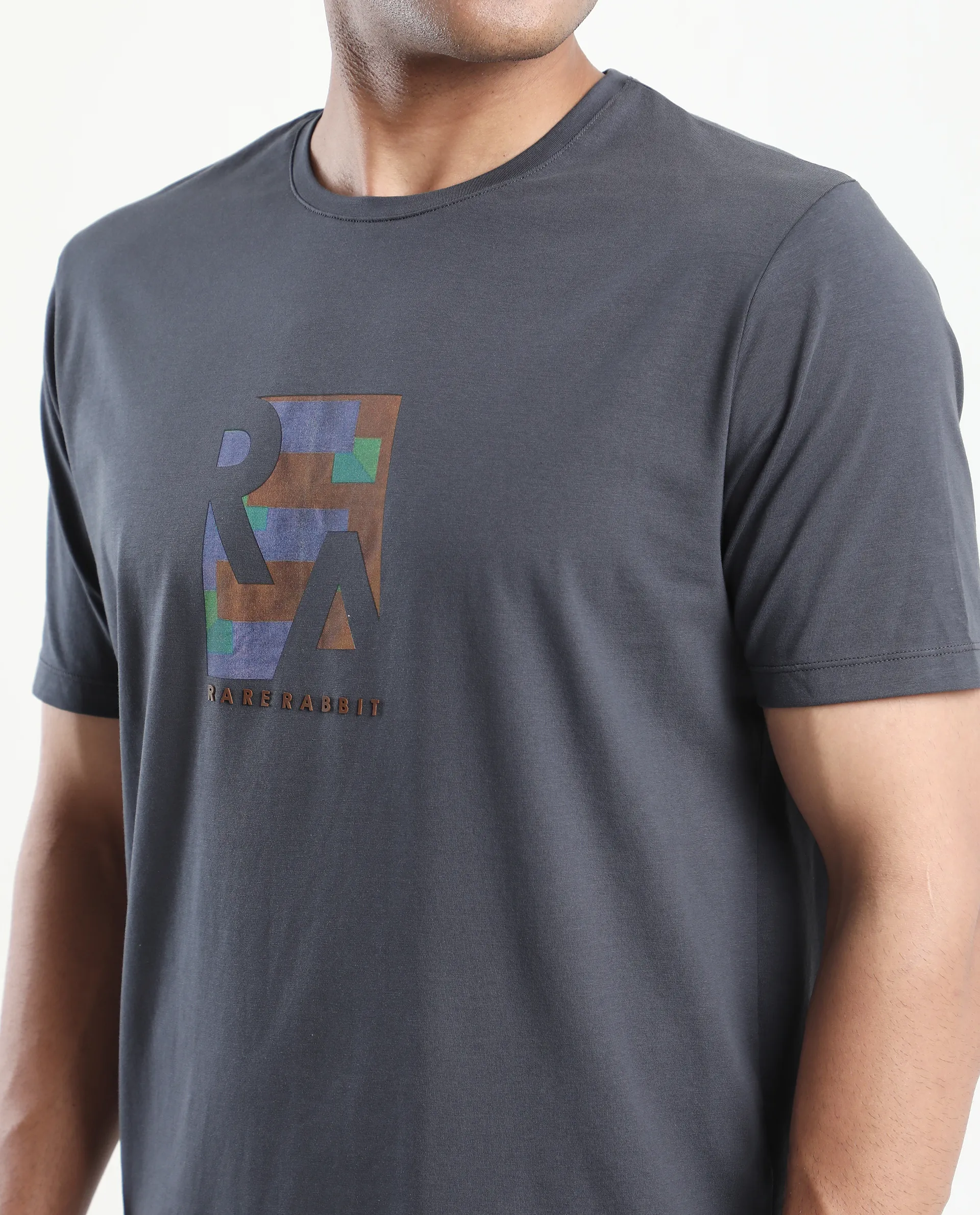Rare Rabbit Men's Ene Dark Grey Cotton Blend Graphic Print Regular Fit Half Sleeve Crew Neck T-Shirt - Image 3