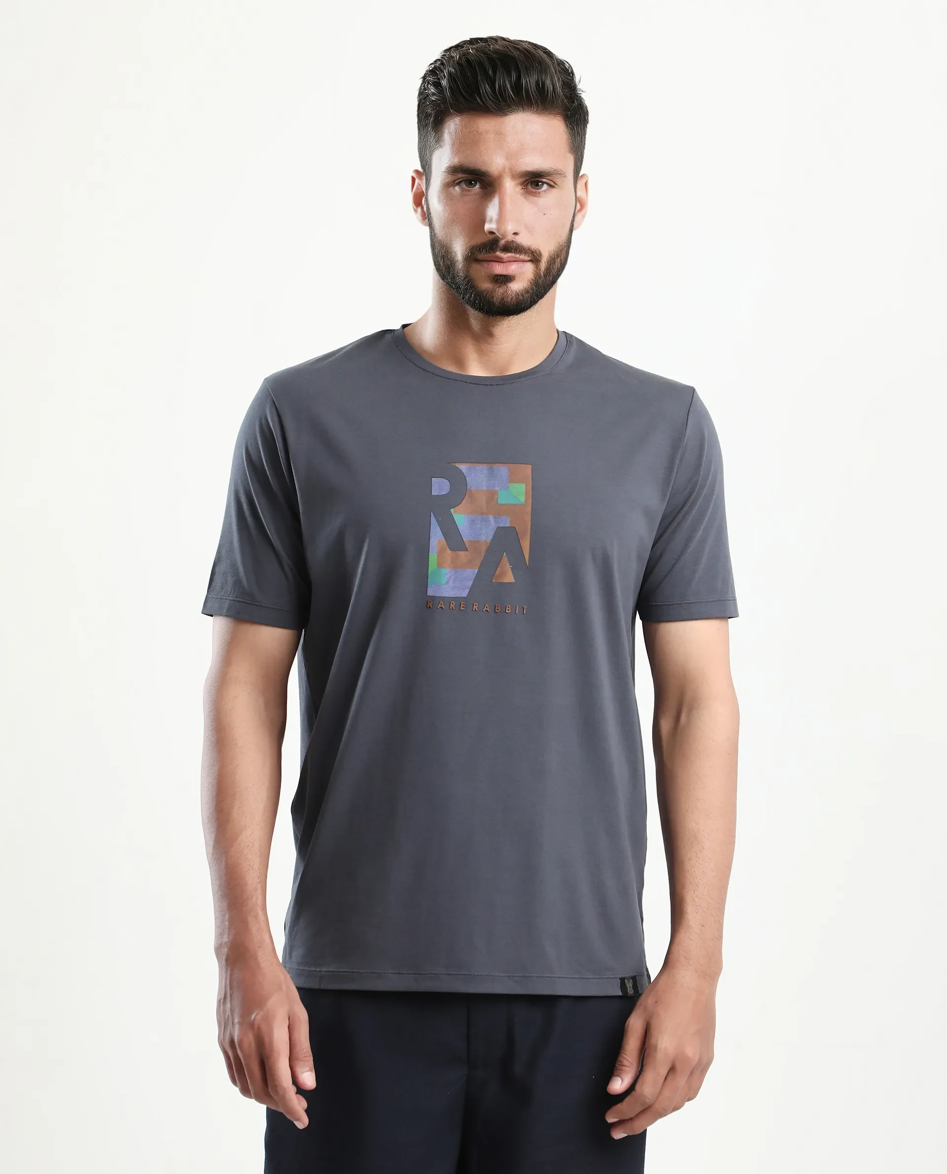 Rare Rabbit Men's Ene Dark Grey Cotton Blend Graphic Print Regular Fit Half Sleeve Crew Neck T-Shirt - Image 4
