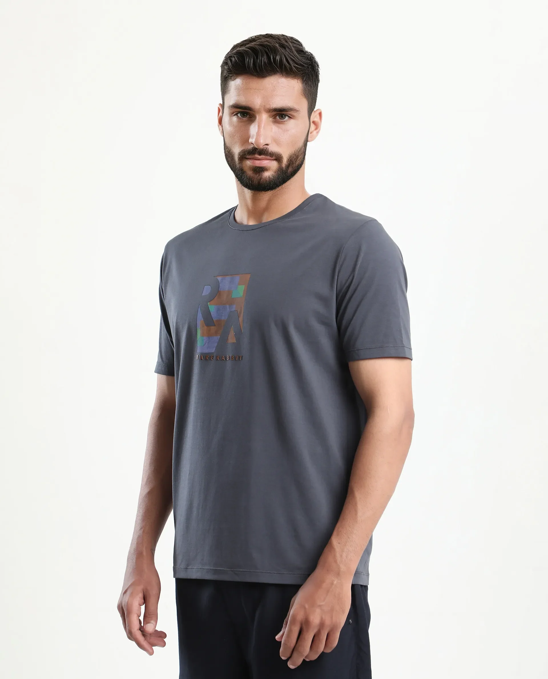 Rare Rabbit Men's Ene Dark Grey Cotton Blend Graphic Print Regular Fit Half Sleeve Crew Neck T-Shirt - Image 5