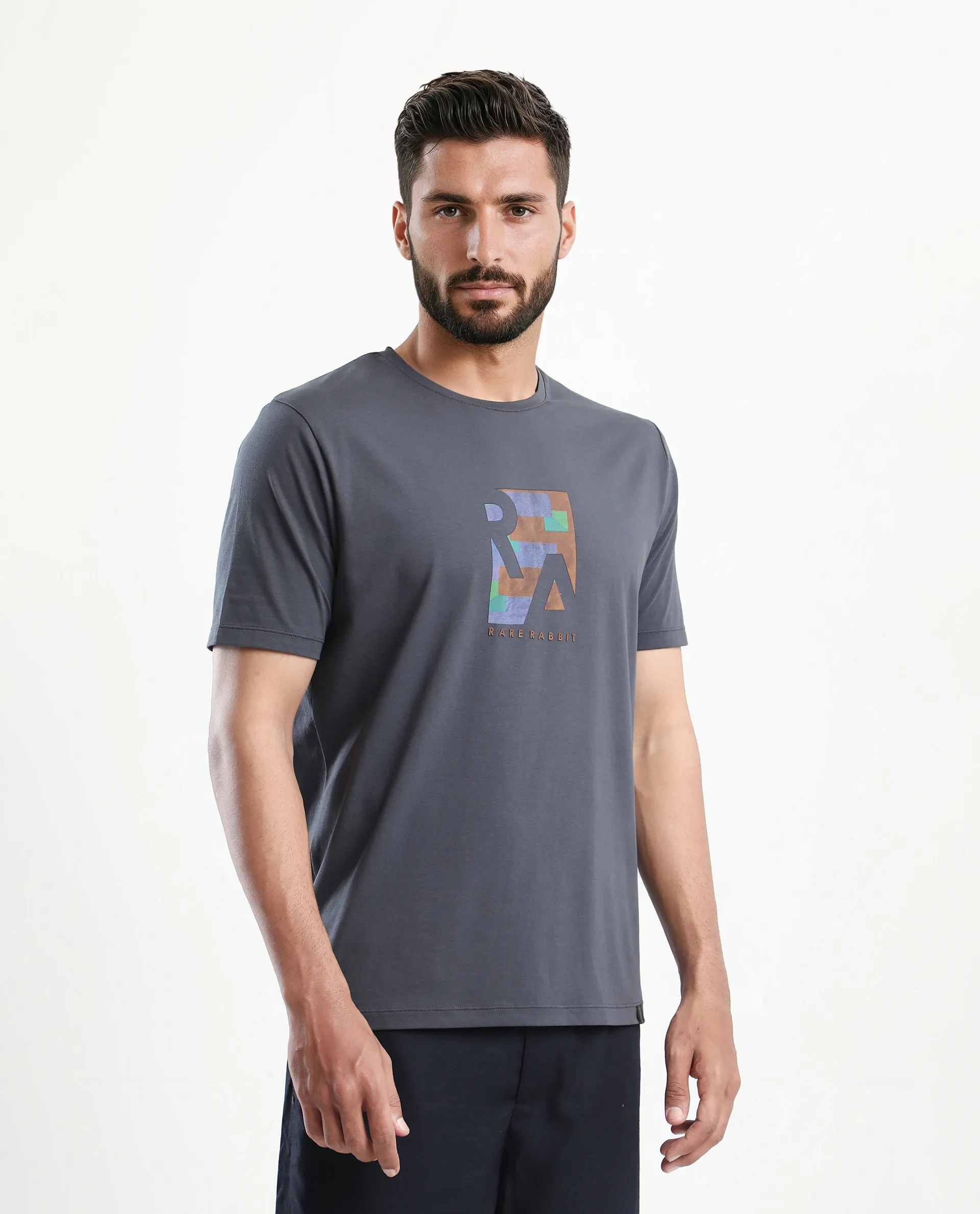 Rare Rabbit Men's Ene Dark Grey Cotton Blend Graphic Print Regular Fit Half Sleeve Crew Neck T-Shirt - Image 6