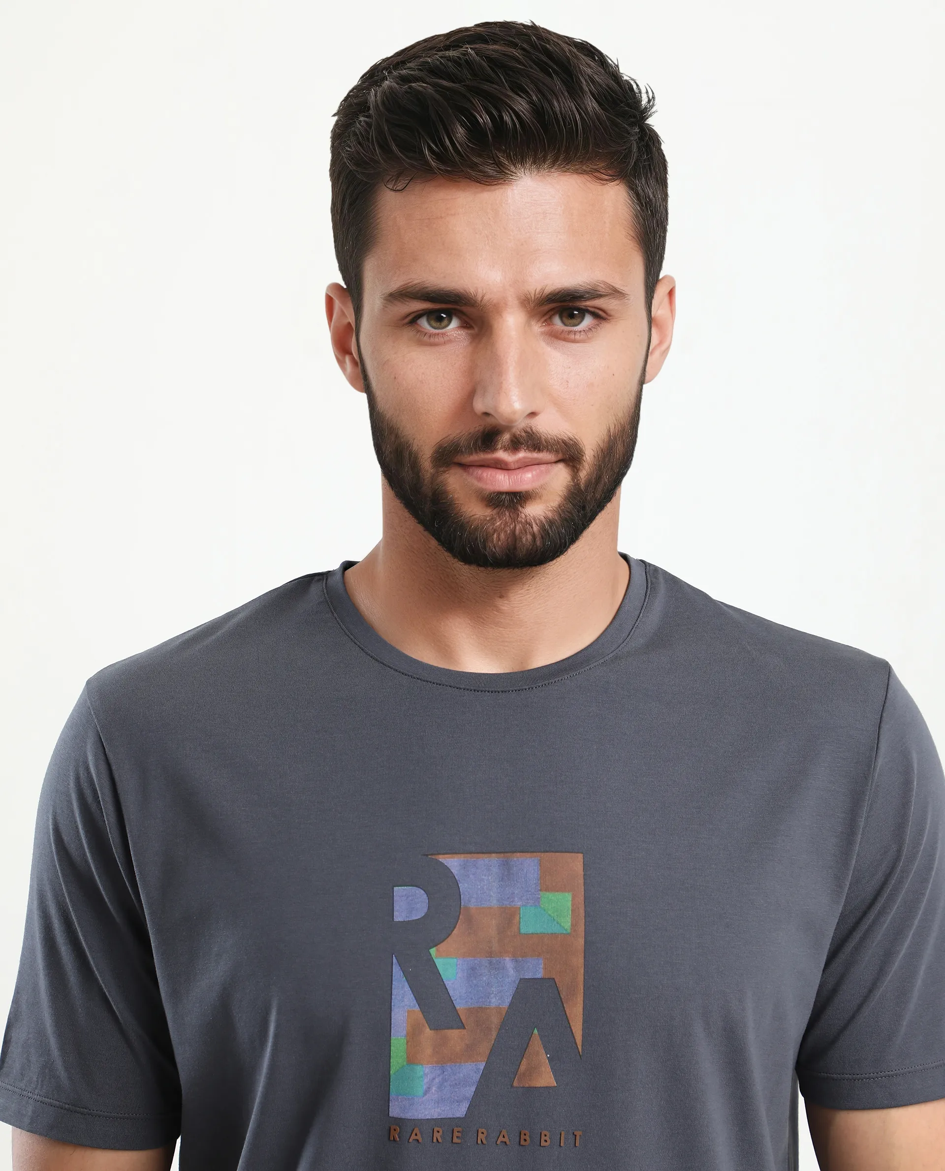 Rare Rabbit Men's Ene Dark Grey Cotton Blend Graphic Print Regular Fit Half Sleeve Crew Neck T-Shirt - Image 7