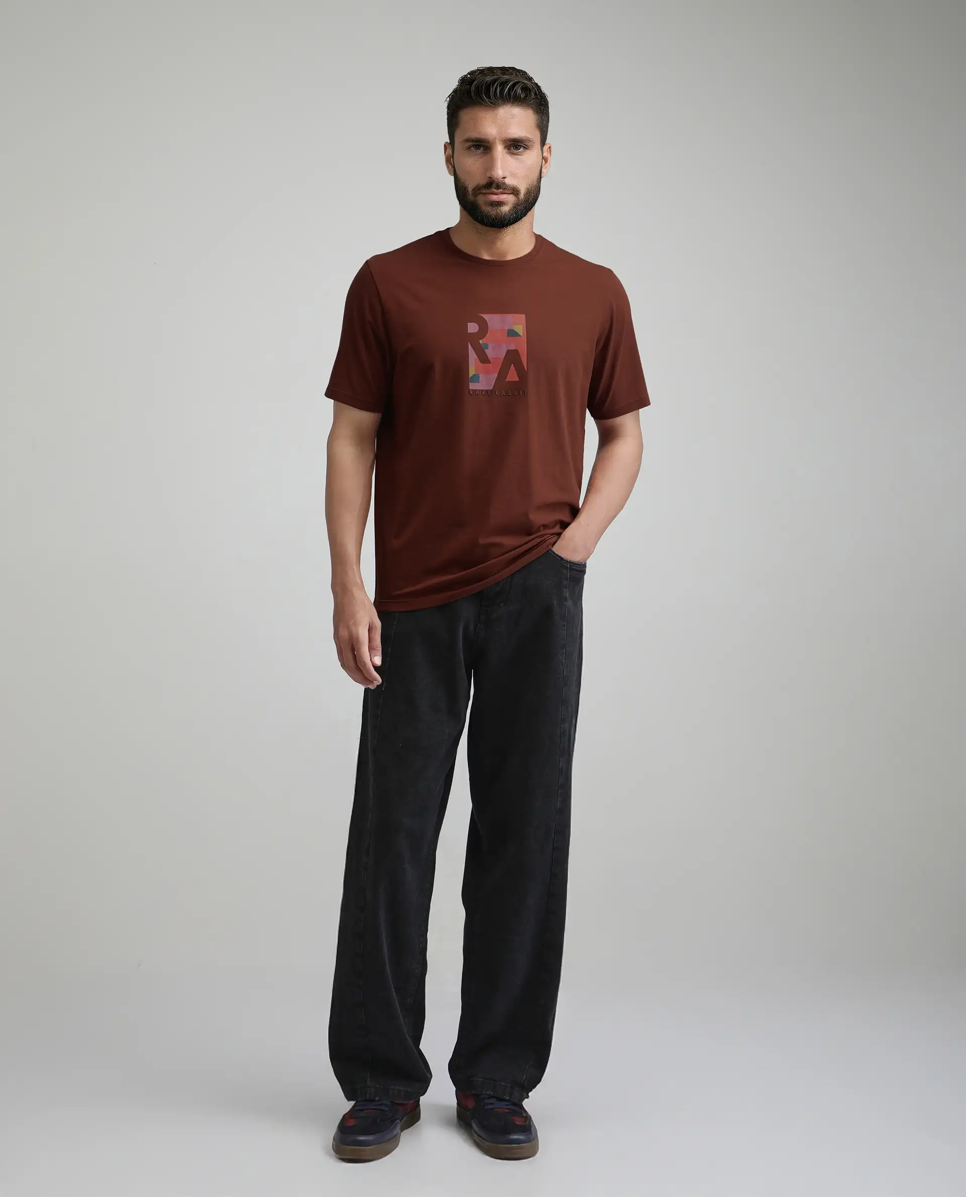 Rare Rabbit Men's Ene Rust Cotton Blend Graphic Print Regular Fit Half Sleeve Crew Neck T-Shirt - Image 2