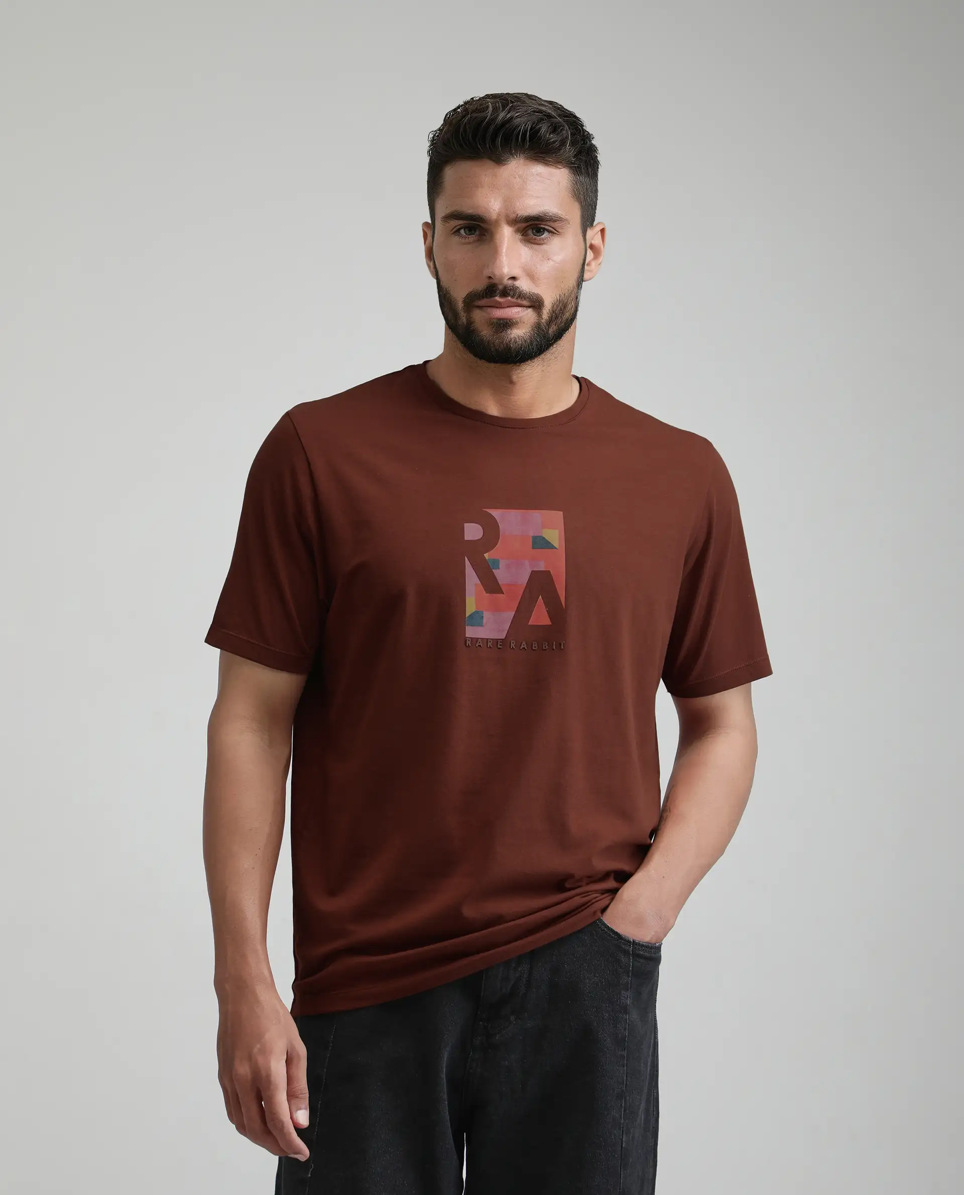 Rare Rabbit Men's Ene Rust Cotton Blend Graphic Print Regular Fit Half Sleeve Crew Neck T-Shirt - Image 4