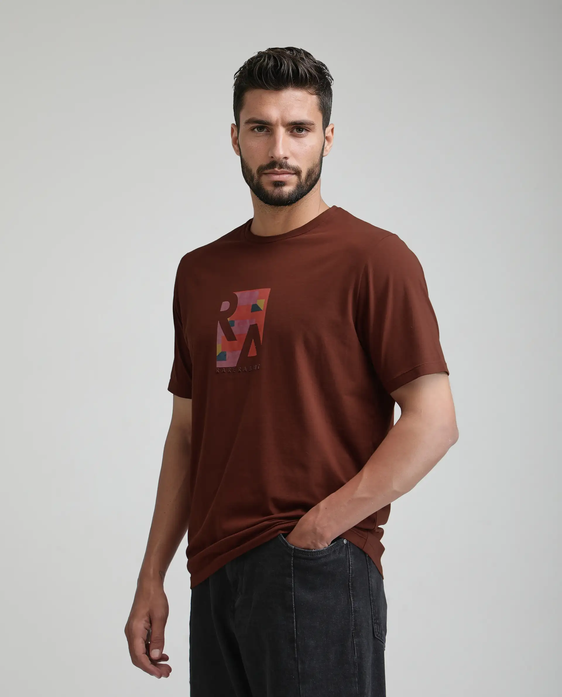 Rare Rabbit Men's Ene Rust Cotton Blend Graphic Print Regular Fit Half Sleeve Crew Neck T-Shirt - Image 5