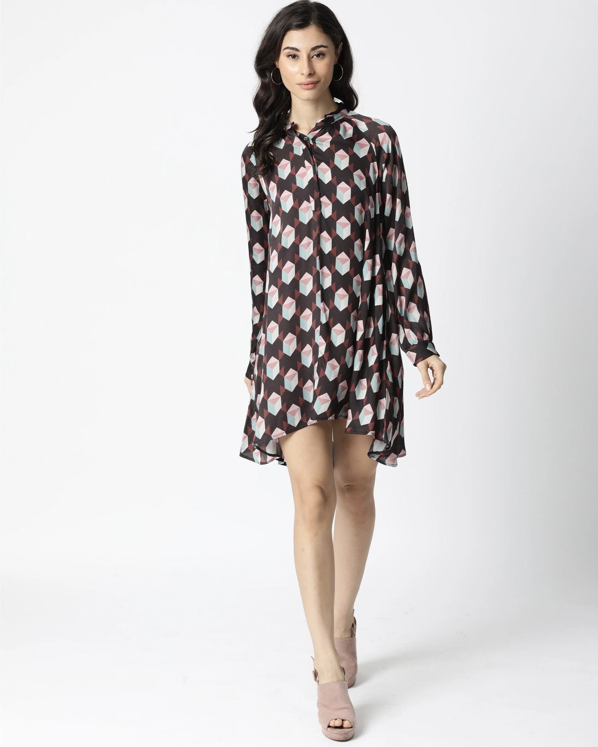Rareism Women's Engine Dark Brown Spread Collar Geometric Print Knee Length Regular Fit Dress