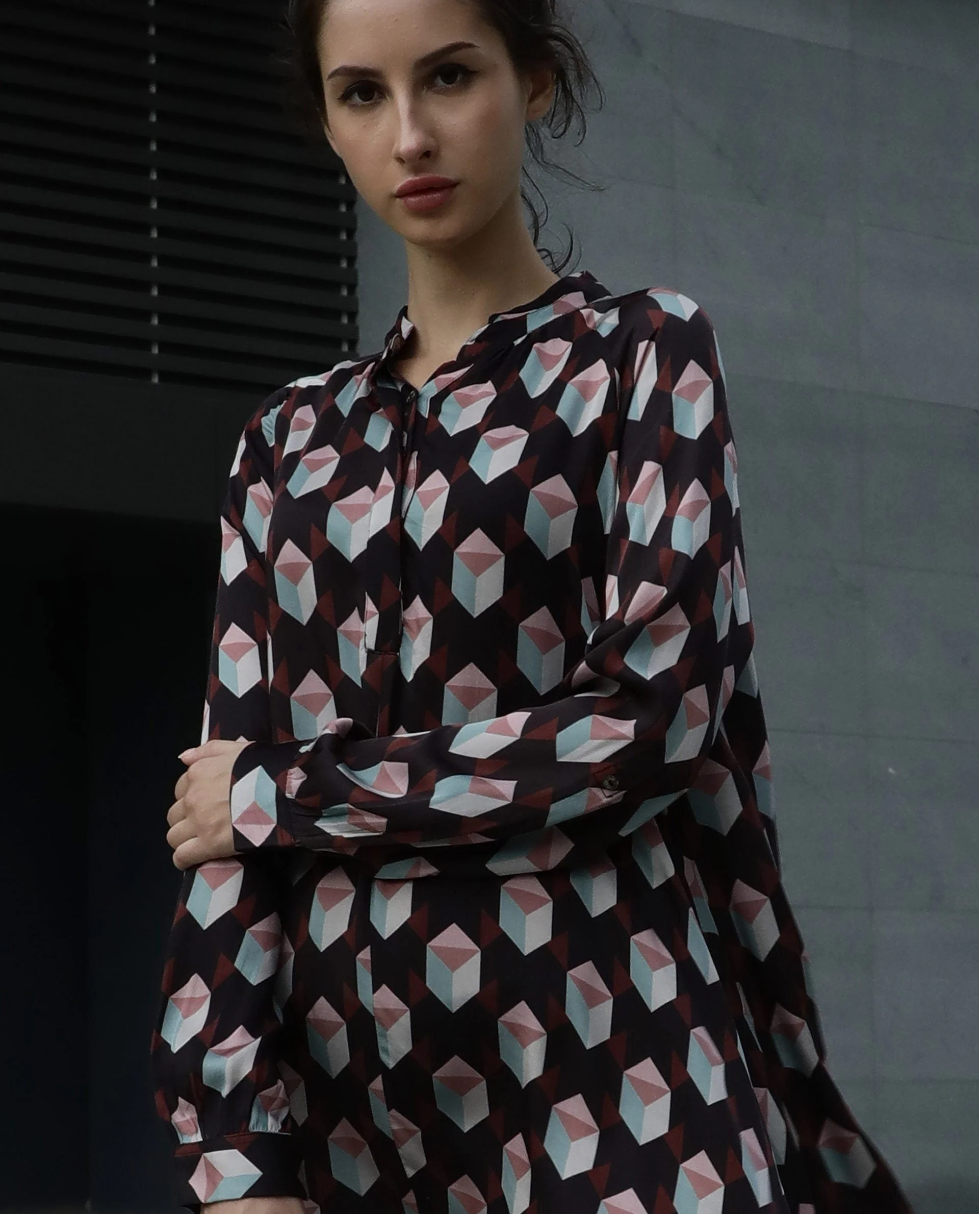 Rareism Women's Engine Dark Brown Spread Collar Geometric Print Knee Length Regular Fit Dress - Image 3