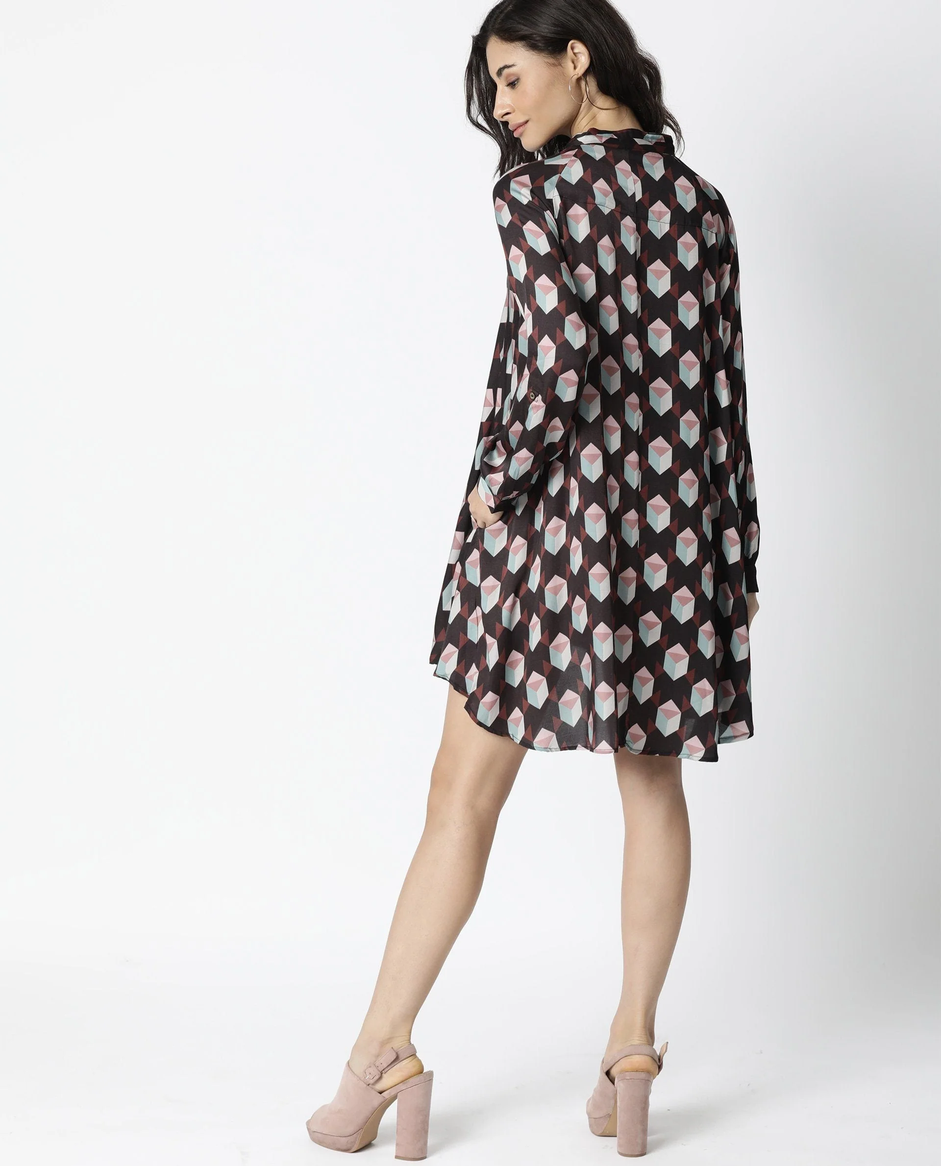 Rareism Women's Engine Dark Brown Spread Collar Geometric Print Knee Length Regular Fit Dress - Image 4