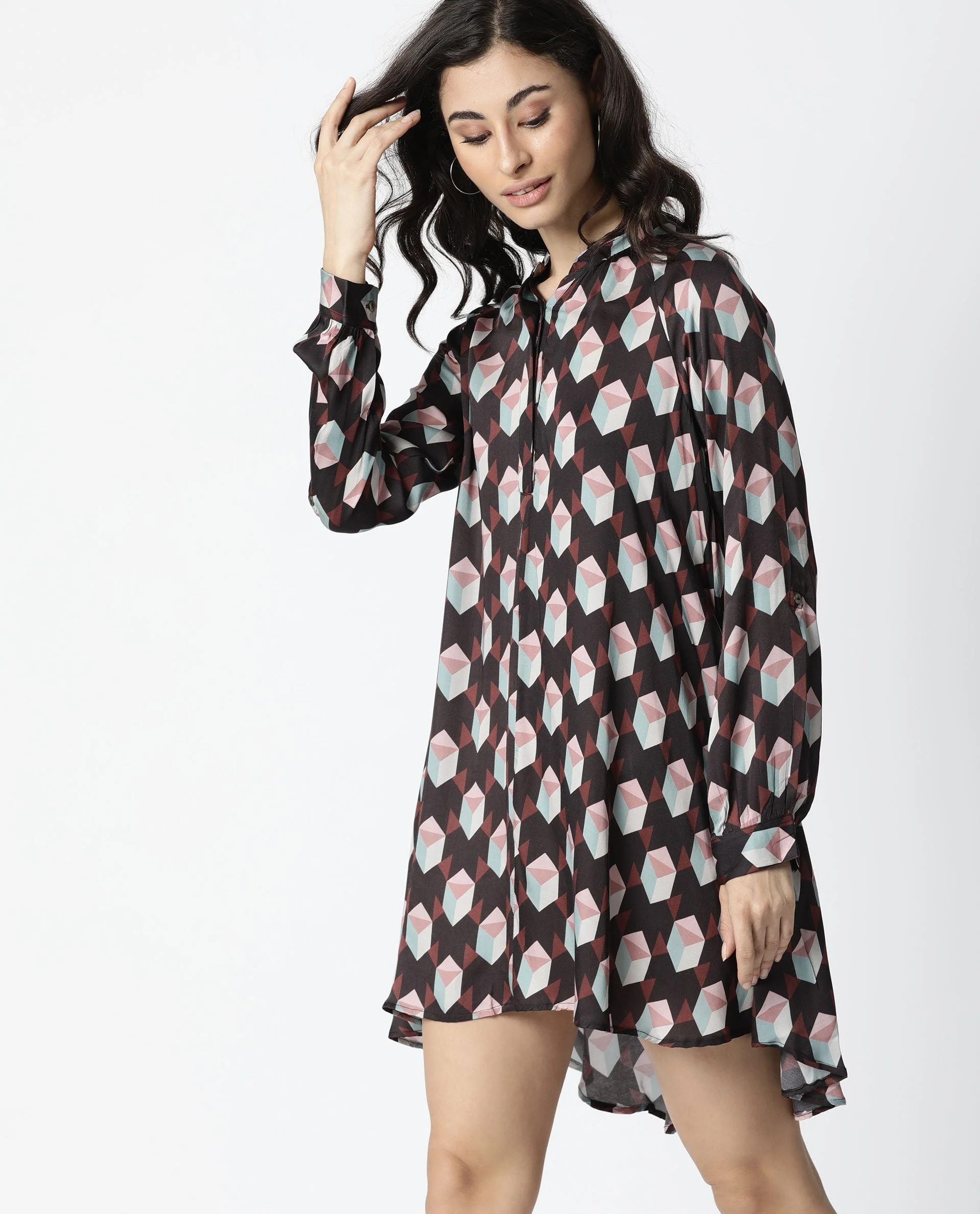 Rareism Women's Engine Dark Brown Spread Collar Geometric Print Knee Length Regular Fit Dress - Image 5