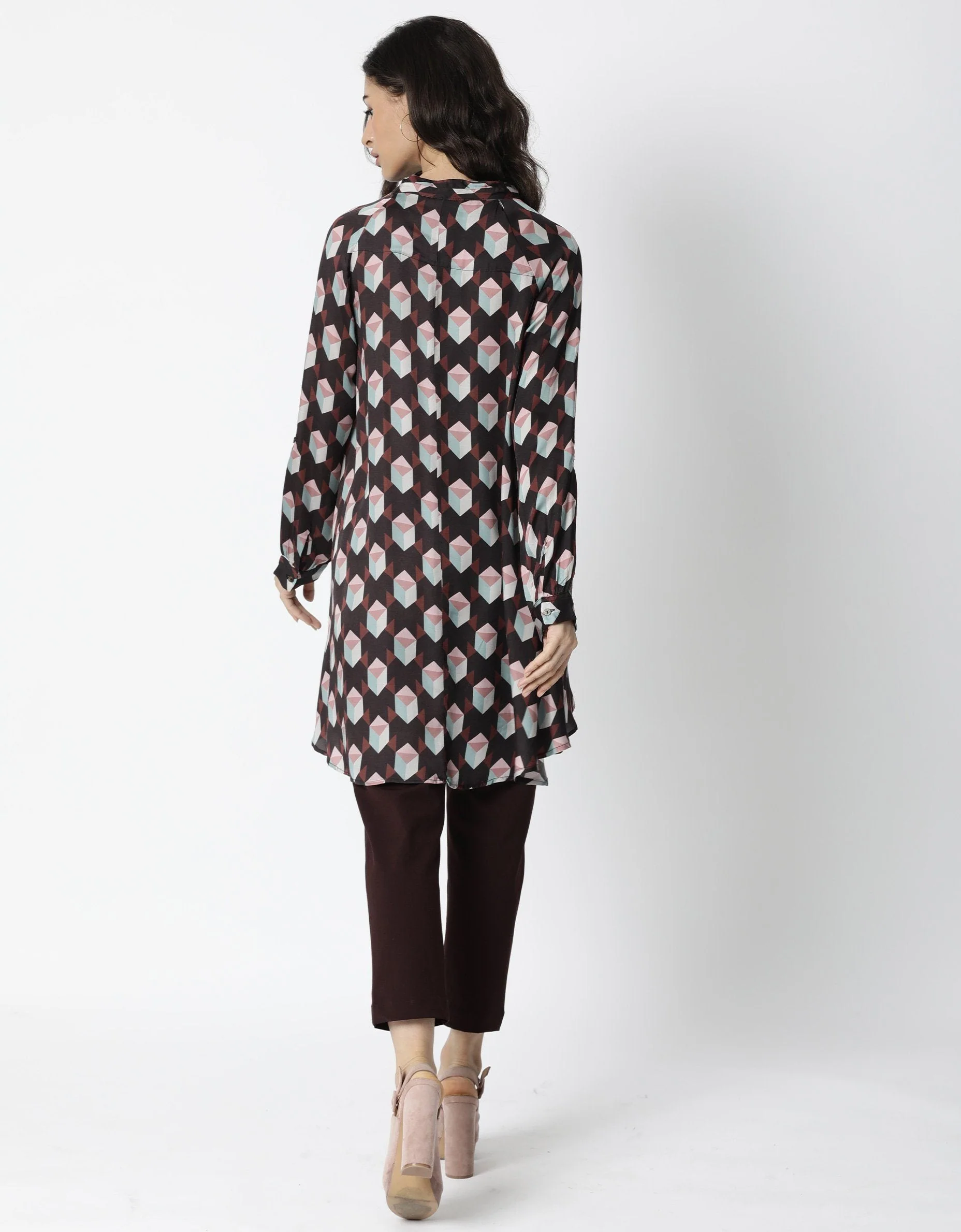 Rareism Women's Engine Dark Brown Spread Collar Geometric Print Knee Length Regular Fit Dress - Image 7