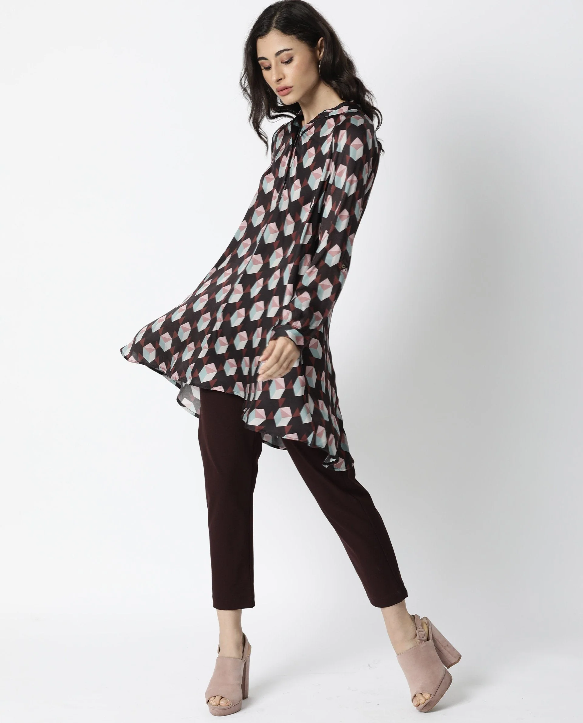Rareism Women's Engine Dark Brown Spread Collar Geometric Print Knee Length Regular Fit Dress - Image 8